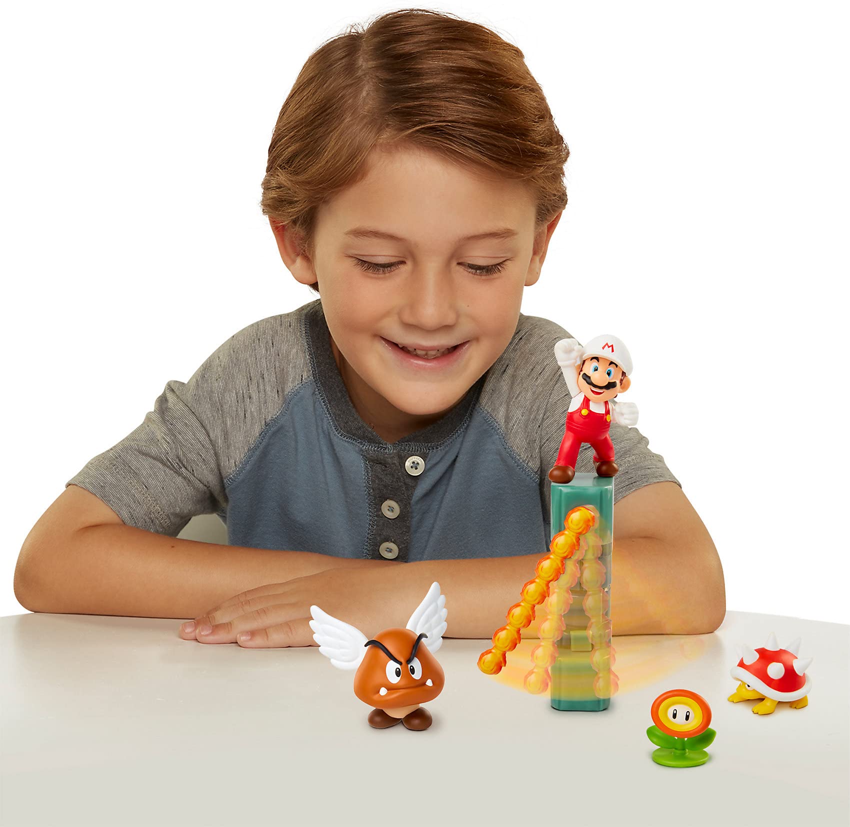 Nintendo Super Mario Lava Castle 2.5" Figure Diorama Play Set, Includes: Fire Mario, Spiny, & para Goomba, Mechanical Spinning Fireballs, Block & Fire