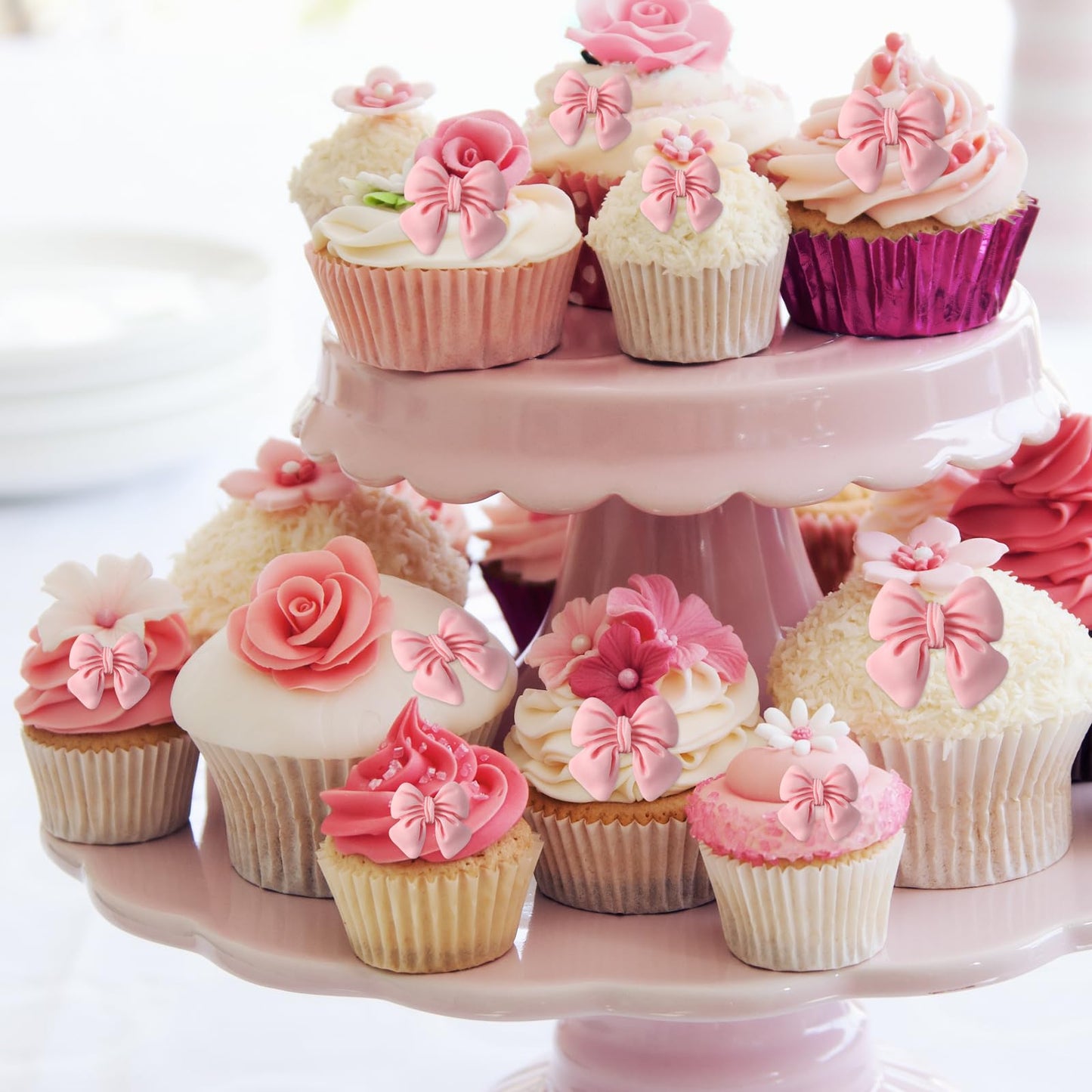 50 Pcs Pink Bow Cupcake Toppers, Bowknot Cake Dessert Picks, Birthday Decorations Drink Topper Bridal Engagement Wedding Baby Shower Princess Cupcake