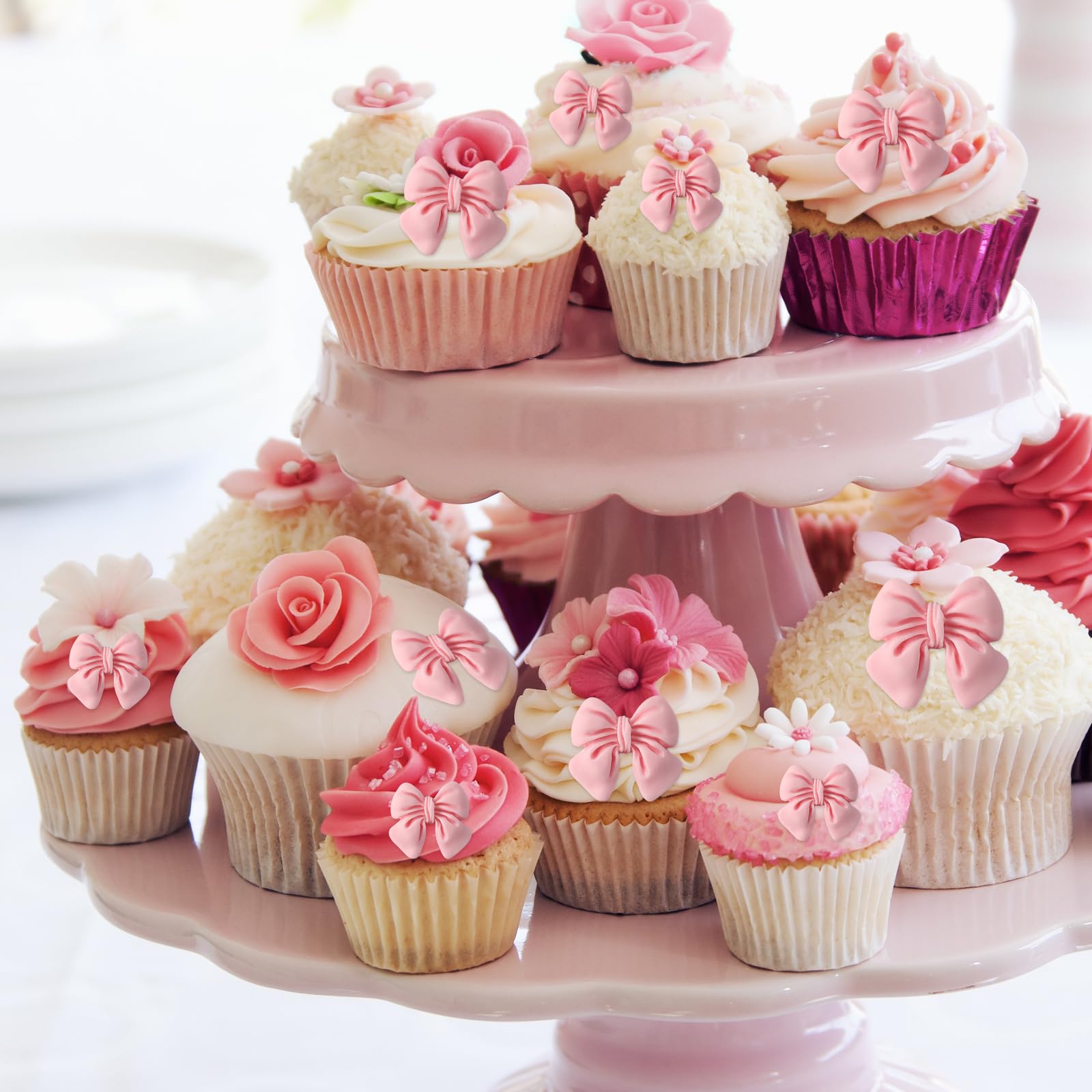 50 Pcs Pink Bow Cupcake Toppers, Bowknot Cake Dessert Picks, Birthday Decorations Drink Topper Bridal Engagement Wedding Baby Shower Princess Cupcake