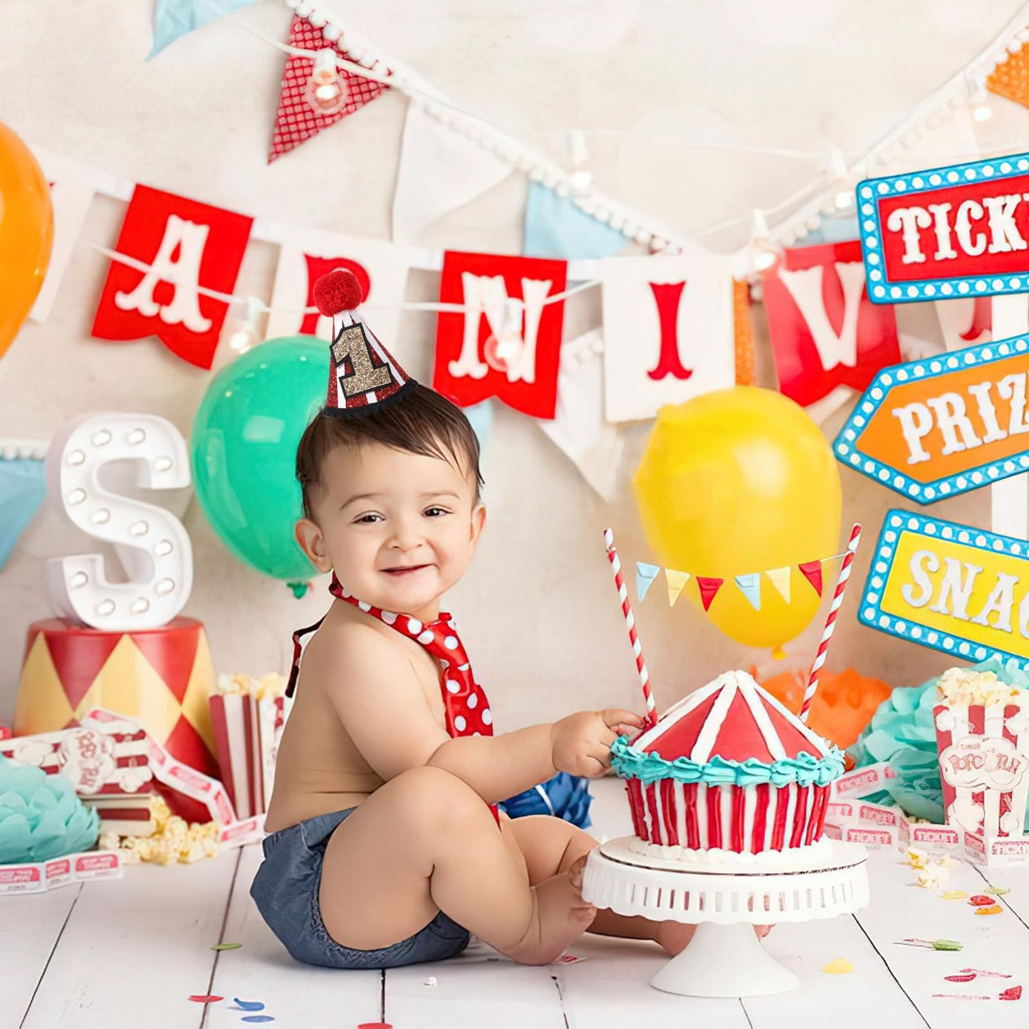 YOUAME Circus 1st Birthday Party Hat - Red Glitter Crown Outfit for Boys and Girls, Fun Carnival Themed Party Decor