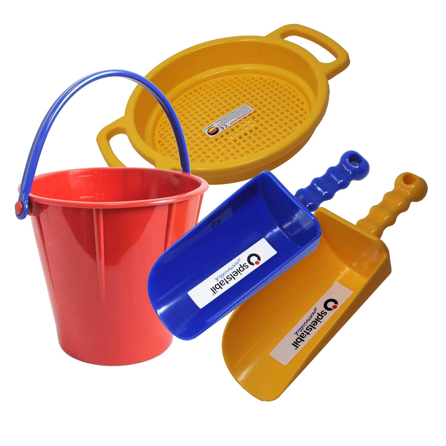 Spielstabil Large Sand Toys Bundle for Kids - Heavy Duty Sandbox Toys with Large Pail, Sieve, and 2 Scoops, Kids Summer Toys for Beach, Colors Vary
