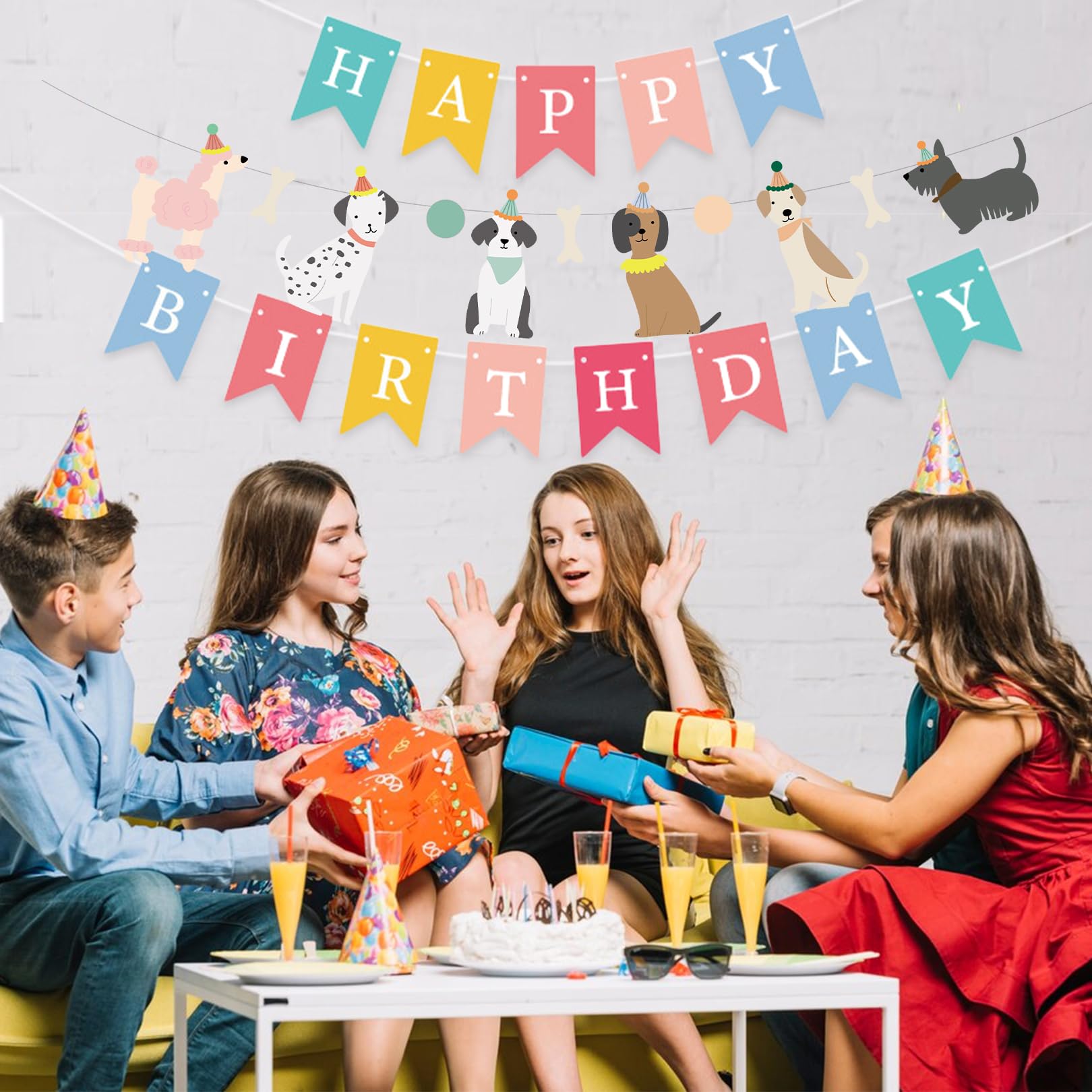 PANRRPERS Dog Themed Banner Happy Birthday Banner Backdrop Colorful Decoration Kids Baby Dog Birthday Party Supplies