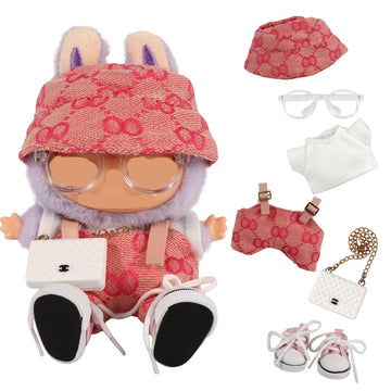 Ynottek Clothes for Labubu, Six-Pieces Set (No Doll ) for 15/17 CM Dolls, Including Clothes, Hats, Pants, Shoulder Bags, Shoes, Glasses,Underwear