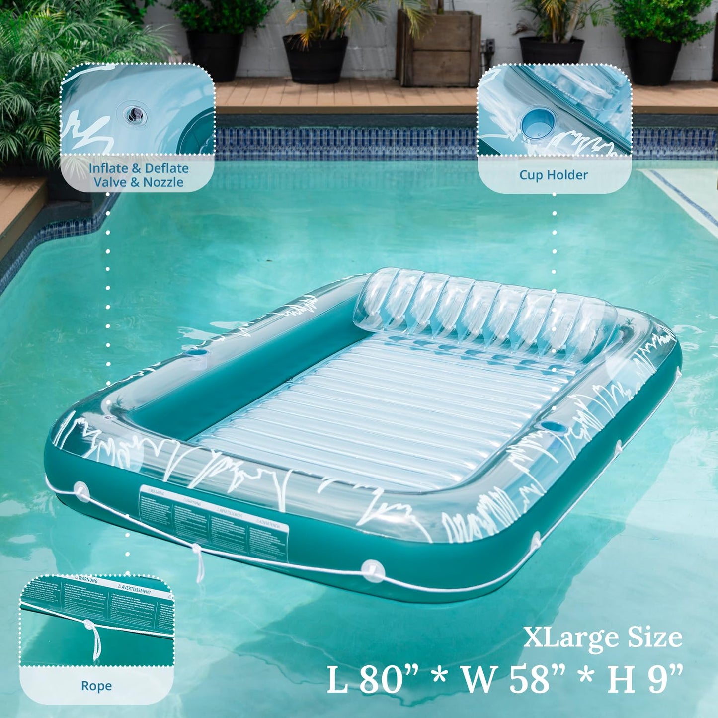 Sunrio Inflatable Tanning Pool Lounger Float for Adults - Blow up Pool & Lake floaties Sunbathing Tub Tanning Bed with Pillow and Drink Holders