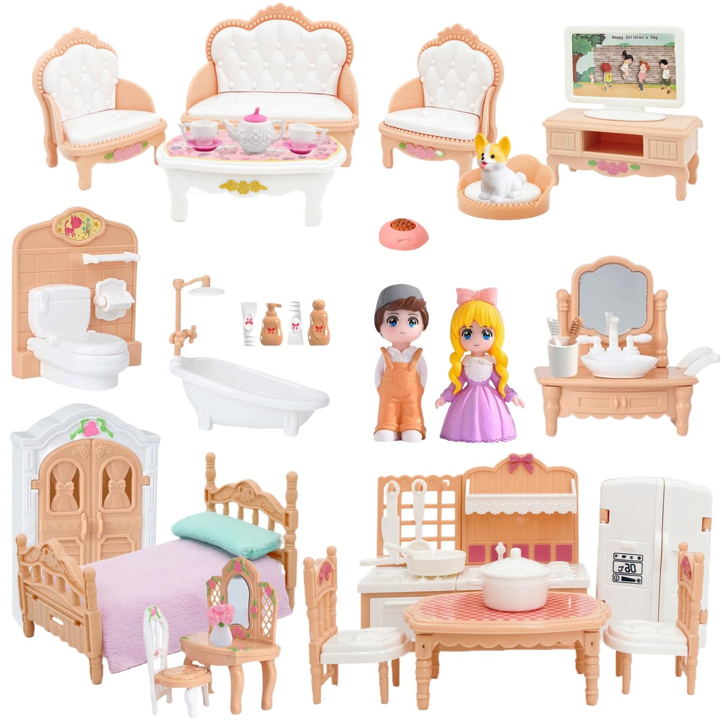 Princess Dollhouse Furniture Set, 48 Piece Luxury Miniature Accessories Collection with Living Room, Bathroom, Bedroom?Kitchen, TV Entertainment Set