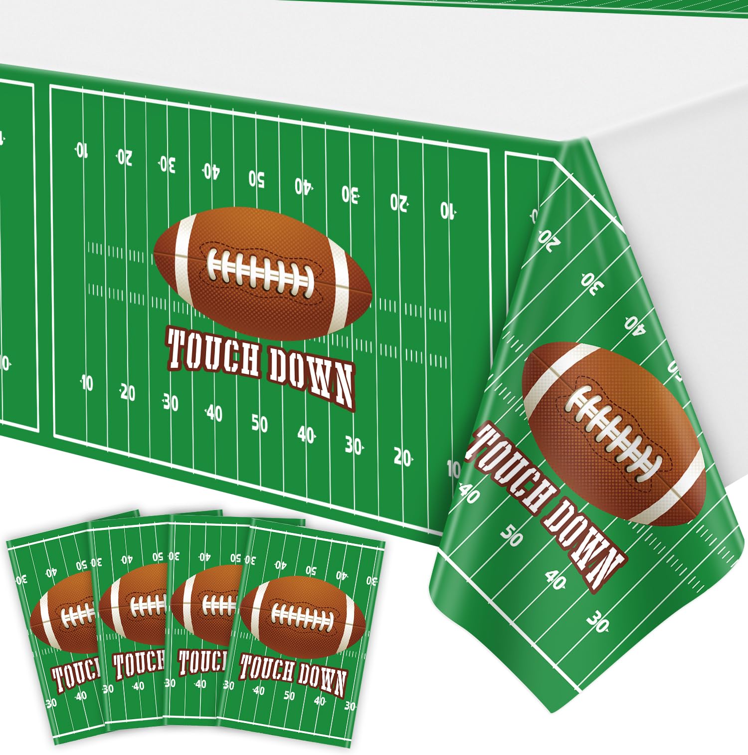 4 Pack Football Themed Tablecloths Disposable Plastic Football Table Cover Supplies Rectangular Game Day Tablecloth Football Field for Tailgate