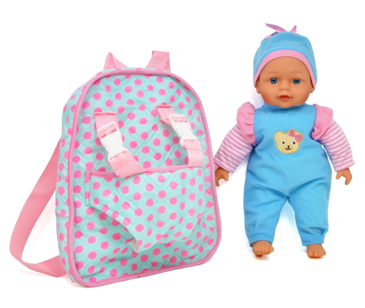 13in Soft Baby Doll with Take Along Pink Backpack Carrier, Briefcase Pocket Fits Accessories and Clothing
