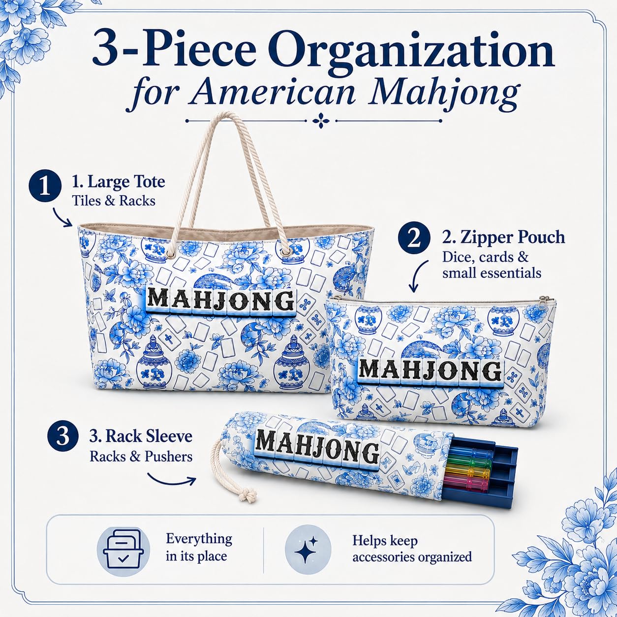 VEylixion 3 Pcs Empty American Mahjong Bags for Tiles and Racks and Mat, Blue Floral Mahjong Carrying Tote with Zipper Tile Pouch and Rack Sleeve