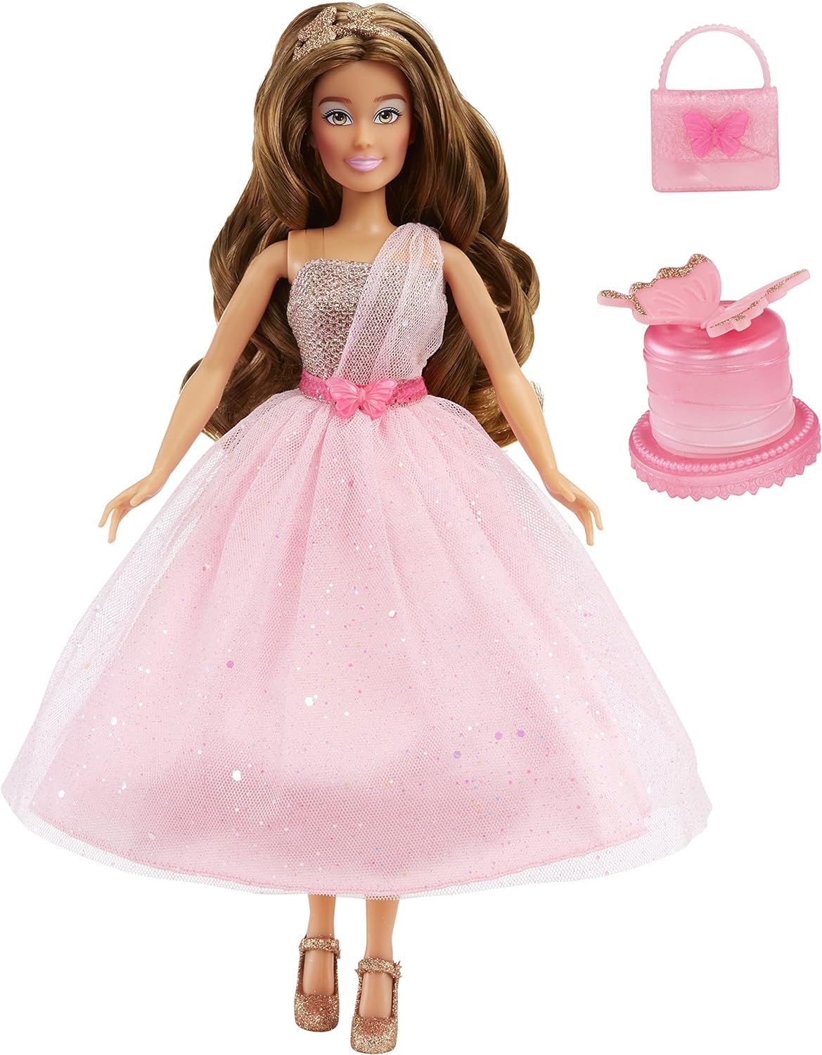 MGA Entertainment Dream Ella Let's Celebrate Doll DreamElla, Pink & Gold Glitter Butterfly Confetti Unboxing 11.5" Brunette Party Fashion Doll + 5