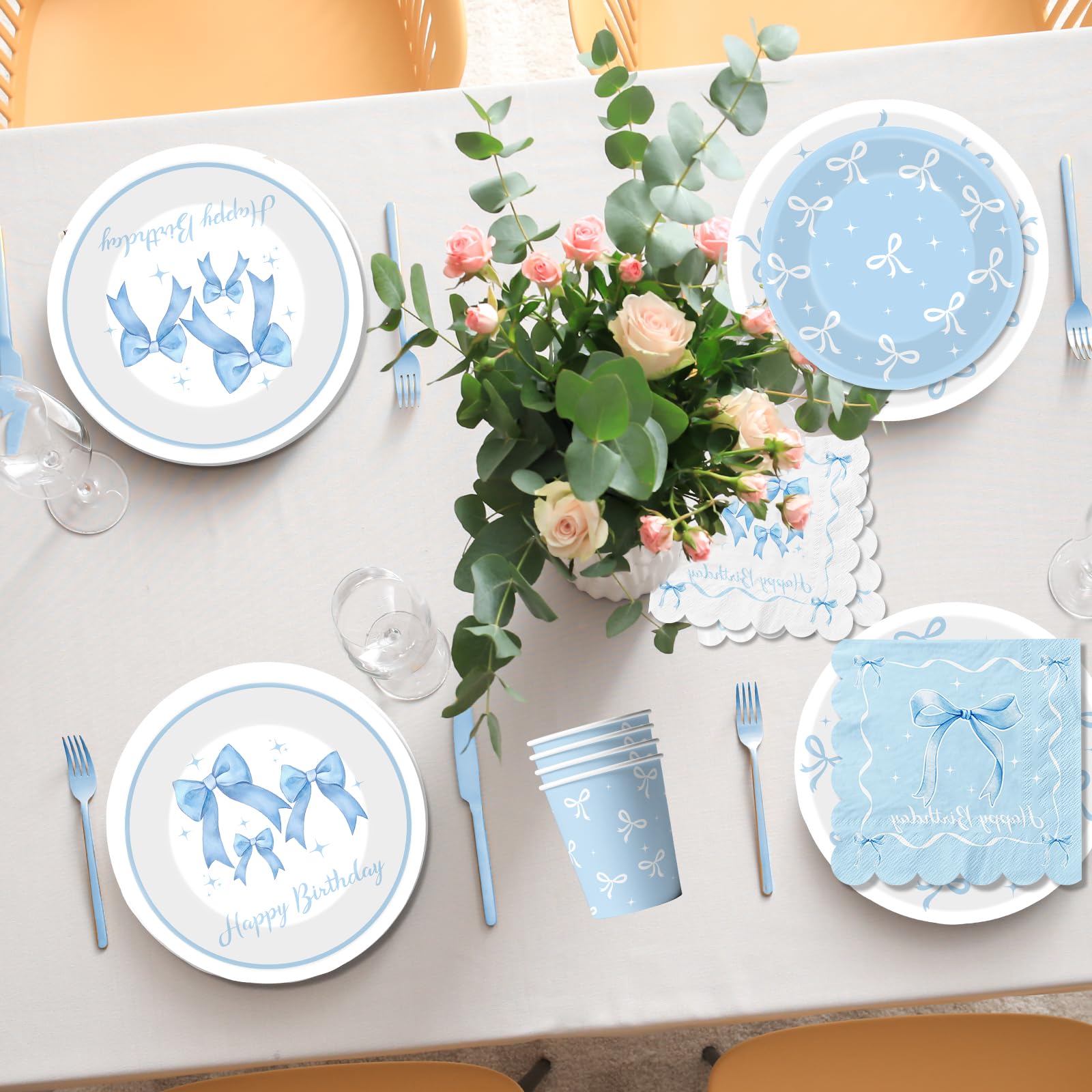Blue Bow Party Supplies Serve 25,Coquette Birthday Decorations Blue Bow Plates and Napkins for Girls Women,Bridal Engagement Party Decor