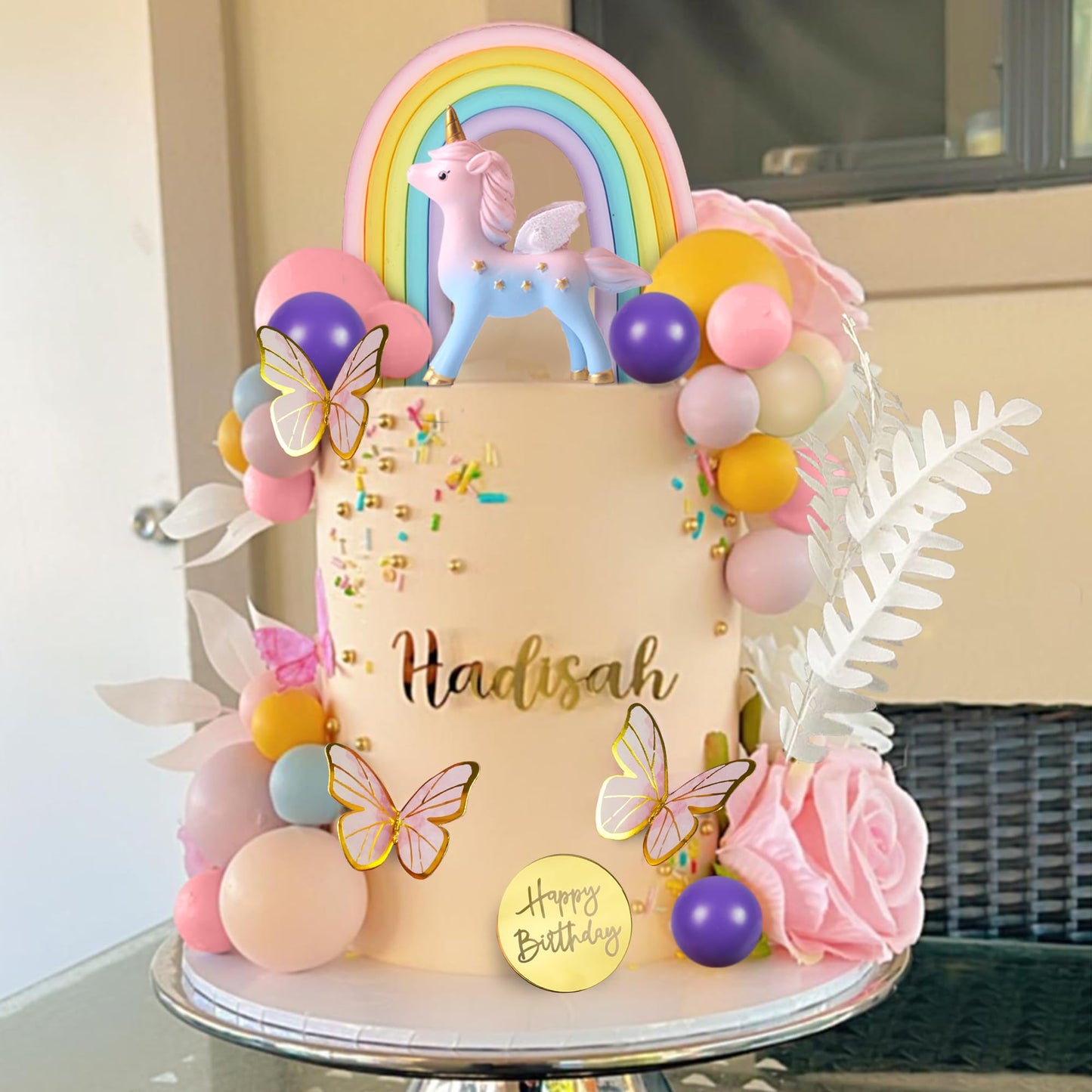 47 PCS Unicorn Cake Topper Unicorn Rainbow Cake Decorations with Rainbow Butterflies Unicorn Balls Happy Birthday Cake Decorations (Style 2)
