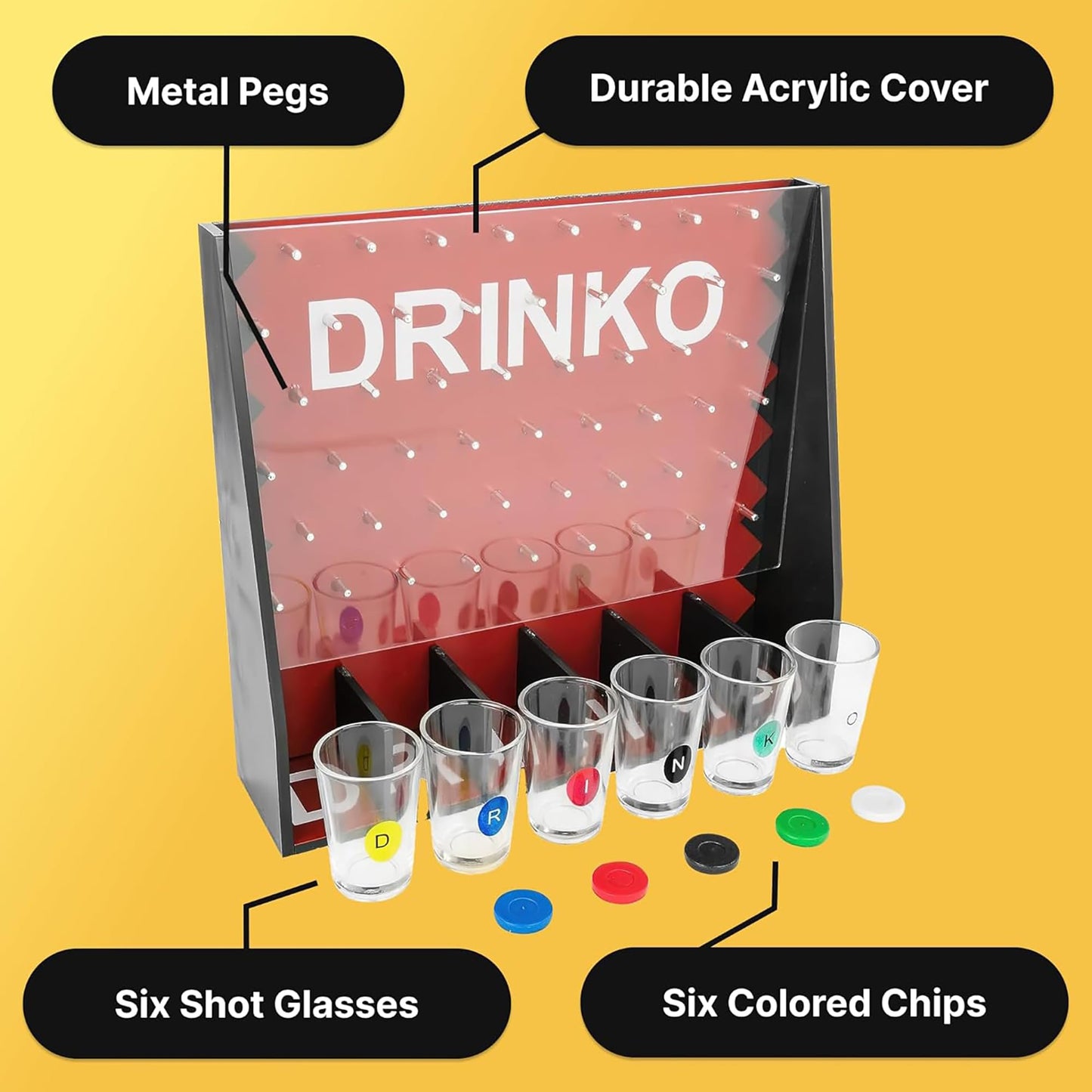 Fairly Odd Novelties DRINKO Drinking Game - Social Shot Glass Party Fun for Groups & Couples - Multicolor, Glass Shots, Durable Board with Metal Pegs