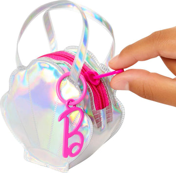 Barbie Clothes Set, Beach-Themed with Swimsuit, 5 Acessories & Zippered Doll-Sized Shell-Shaped Bag with Clip-On Ring, Iridescent