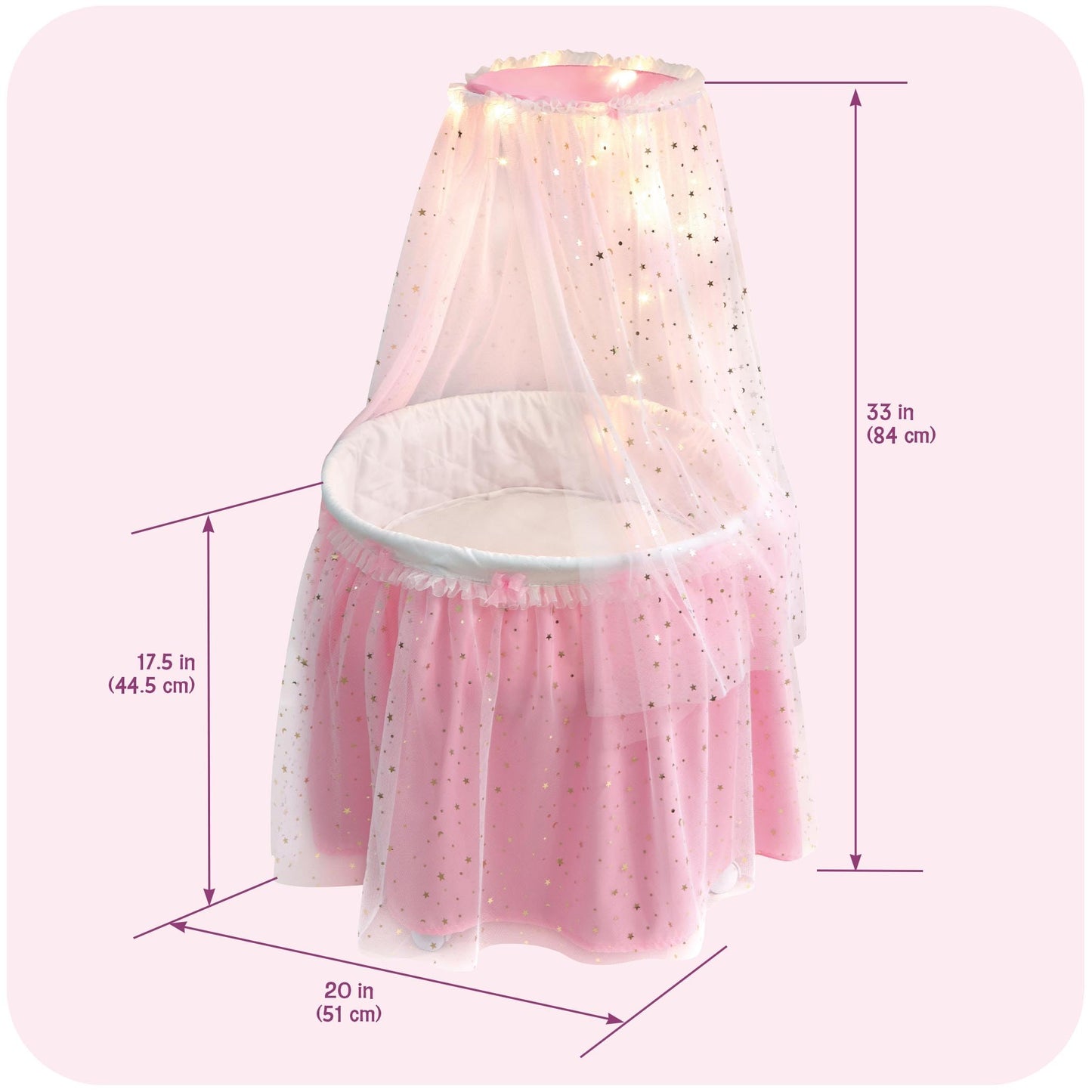 Badger Basket Enchanting Sweet Dreams Round Doll Bassinet with Canopy and LED Lights for 18-Inch Dolls - A Magical Sleeping Space
