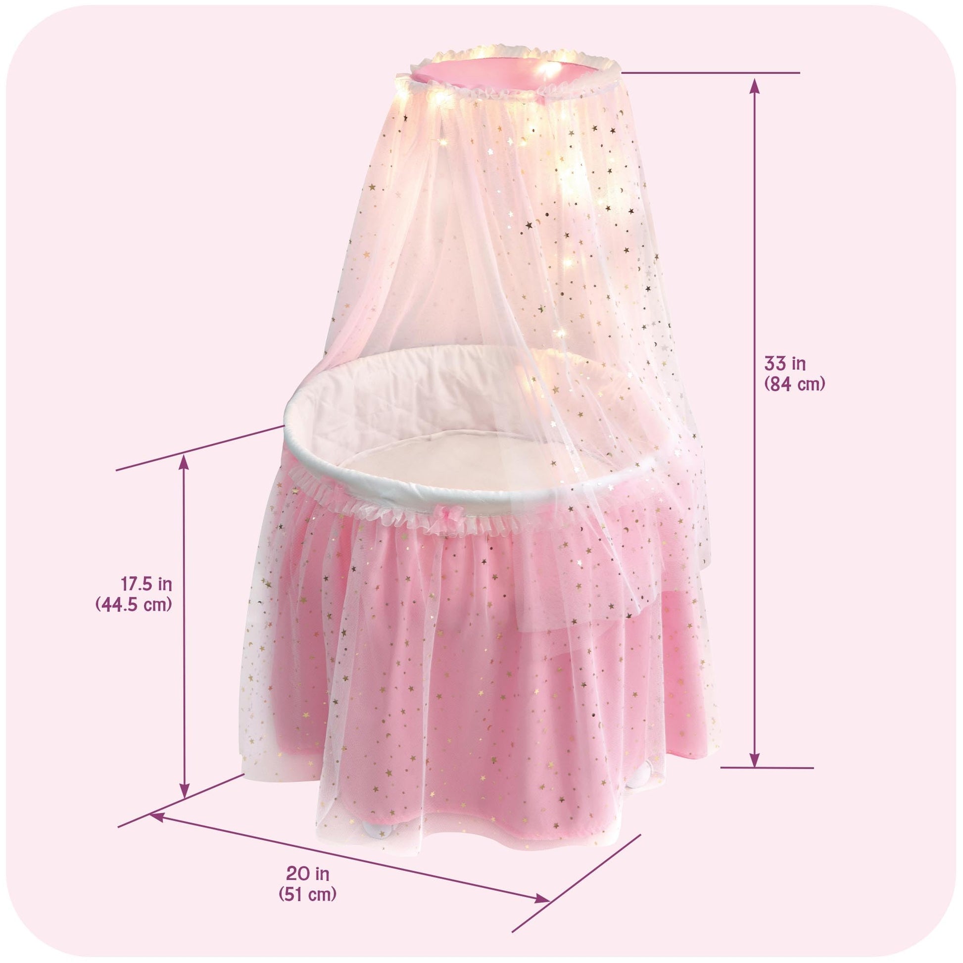 Badger Basket Enchanting Sweet Dreams Round Doll Bassinet with Canopy and LED Lights for 18-Inch Dolls - A Magical Sleeping Space
