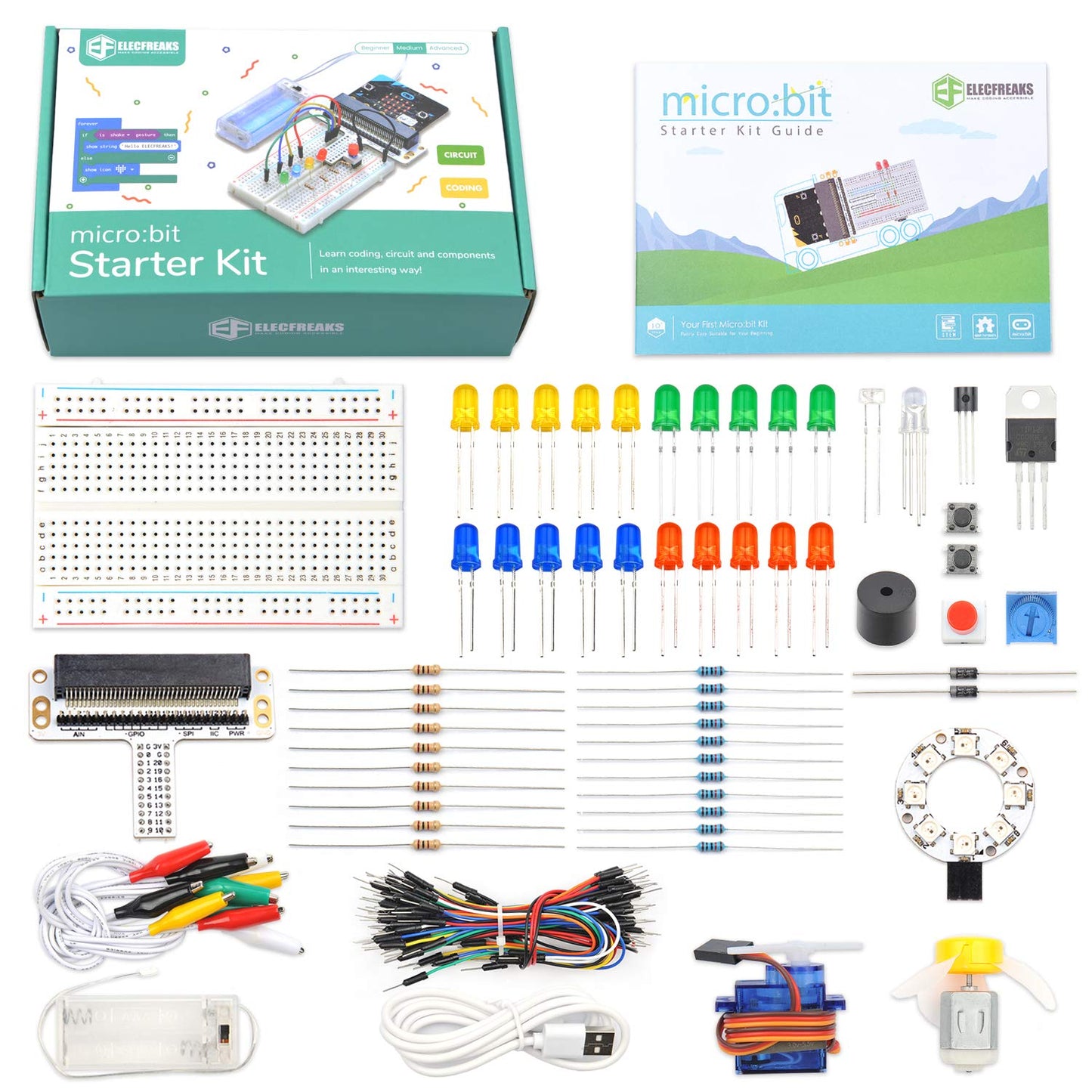 ELECFREAKS microbit Starter Kit 24 Accessories Micro:bit Basic Coding Electronics Kit, microbit Makecode Learning Kit with Guidance Manual (Without