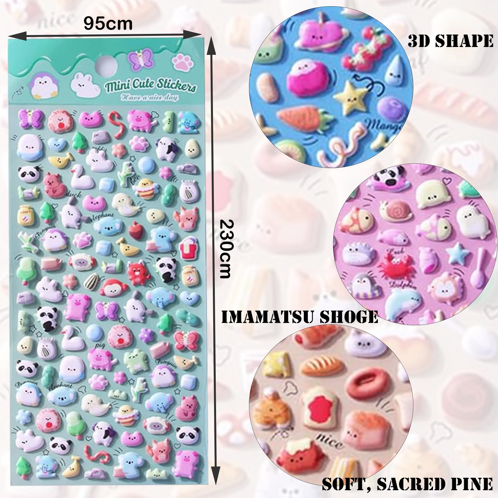 Mini Puffy Cute 3D Stickers DIY Decorative Adhesive Craft Clip and Paste Sticker Set for Boys and Girls Includes 4 Sheets Featuring Animals Food