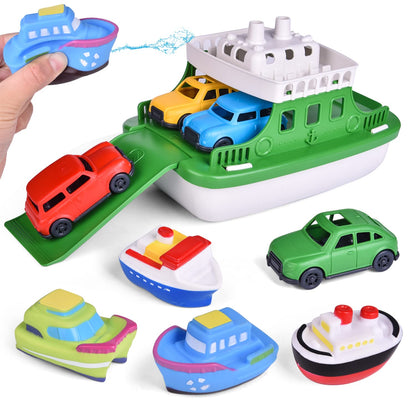 Ferry Boat Bath Toy with Mini Cars, Floating Water Play Set with Boat Squirters for Toddlers 1-3 & Kids Ages 4-8