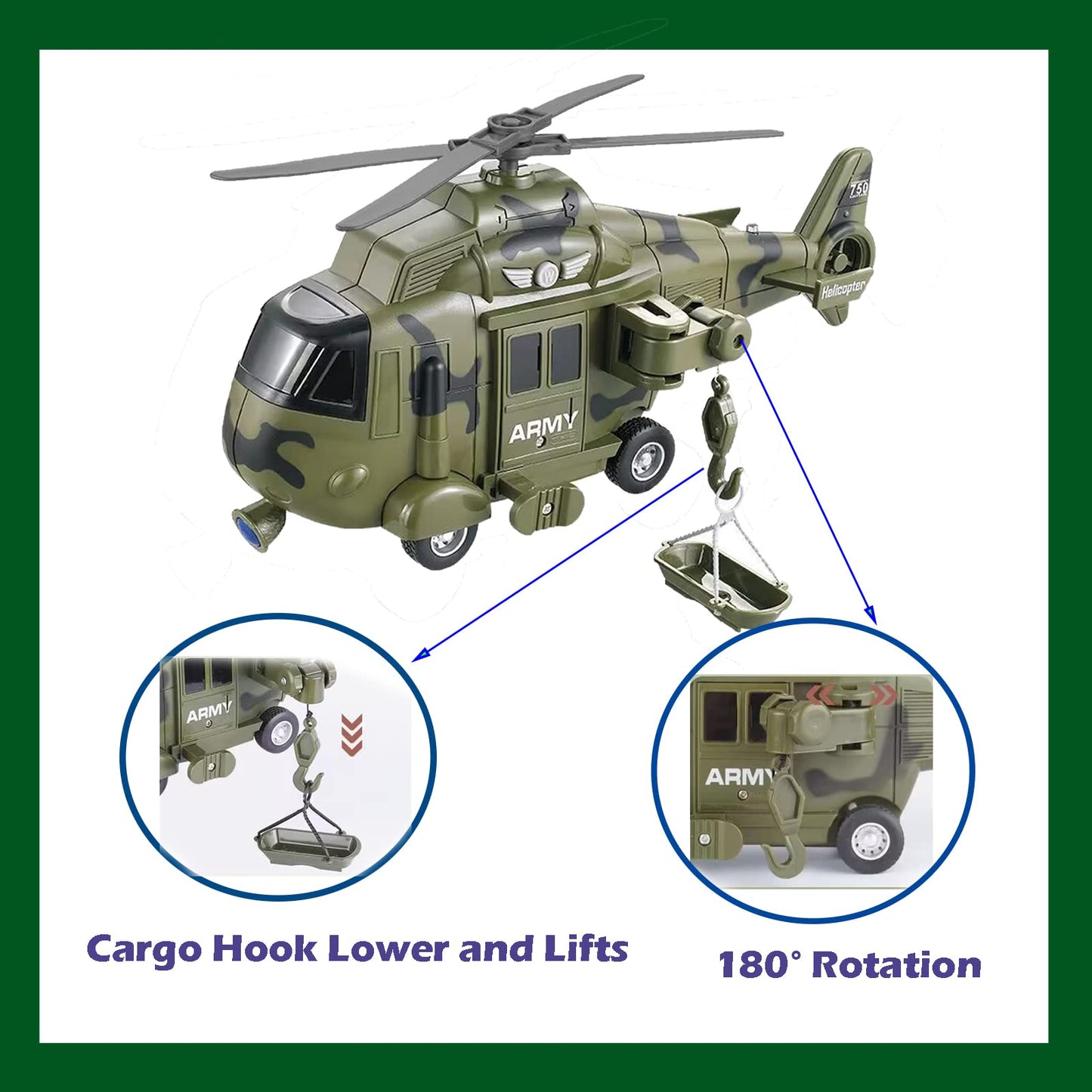 OCCAFY Military Helicopter Toy with Lights and Sound Sirens,Friction Powered Boys Army Toys,Rescue Vehicles Toys for Kids Aged 3 and Up,Best Toddler
