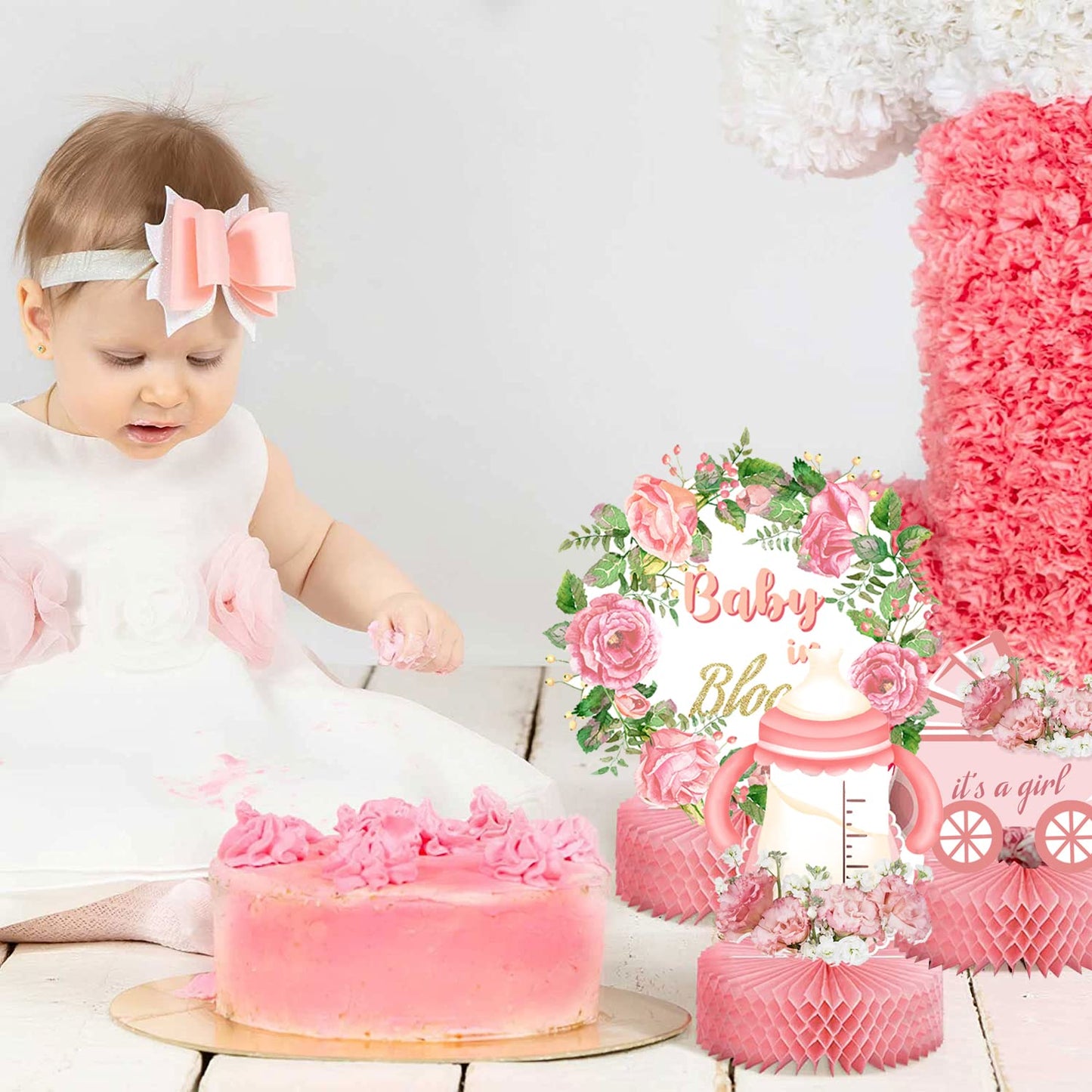 Vifoulal 12 Pcs Baby Shower Honeycomb Centerpieces for Girl, Floral Party Table Honeycomb Decorations, for Newborn Baby Photo Props, Tables Toppers