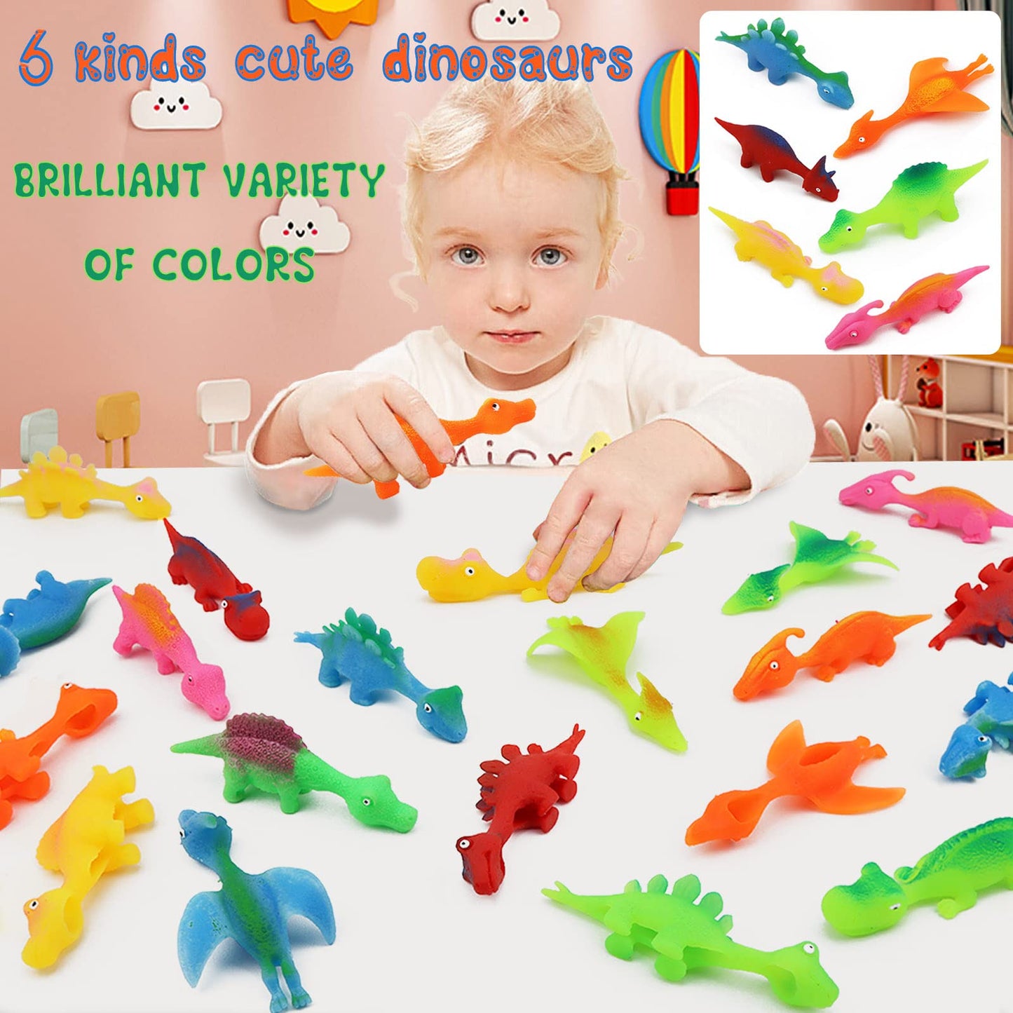 Pushmick 30 Pcs Slingshot Dinosaur Finger Toys, catapult toys as fun as slingshot chicken, cute shapes, more colors, Great for Flying Games and Party