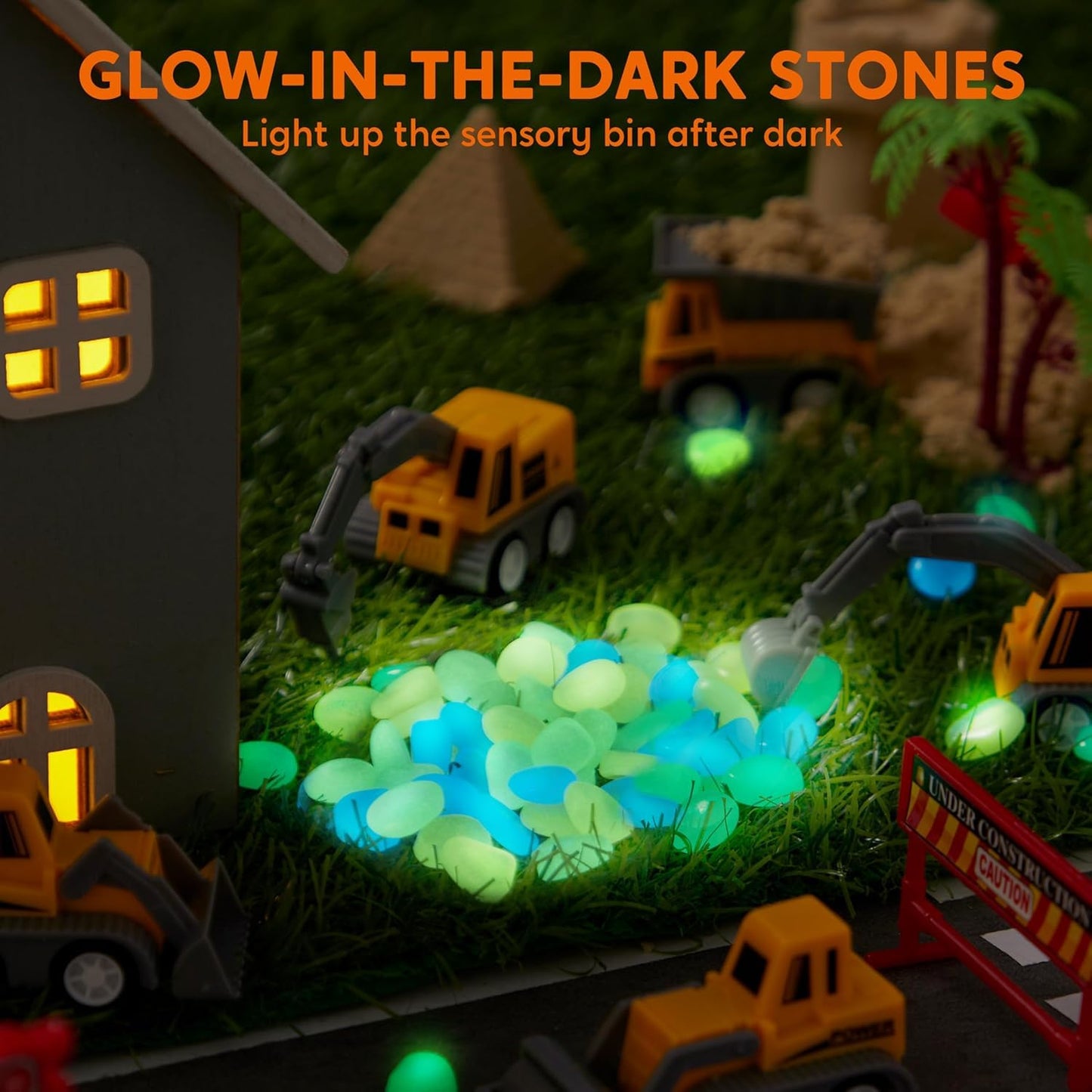 JOVA Klever Kits Construction Sensory Bin for Kids with Glow in The Dark Stones, Sandbox with Lid Castle Building kit, Preschool Learning Activities