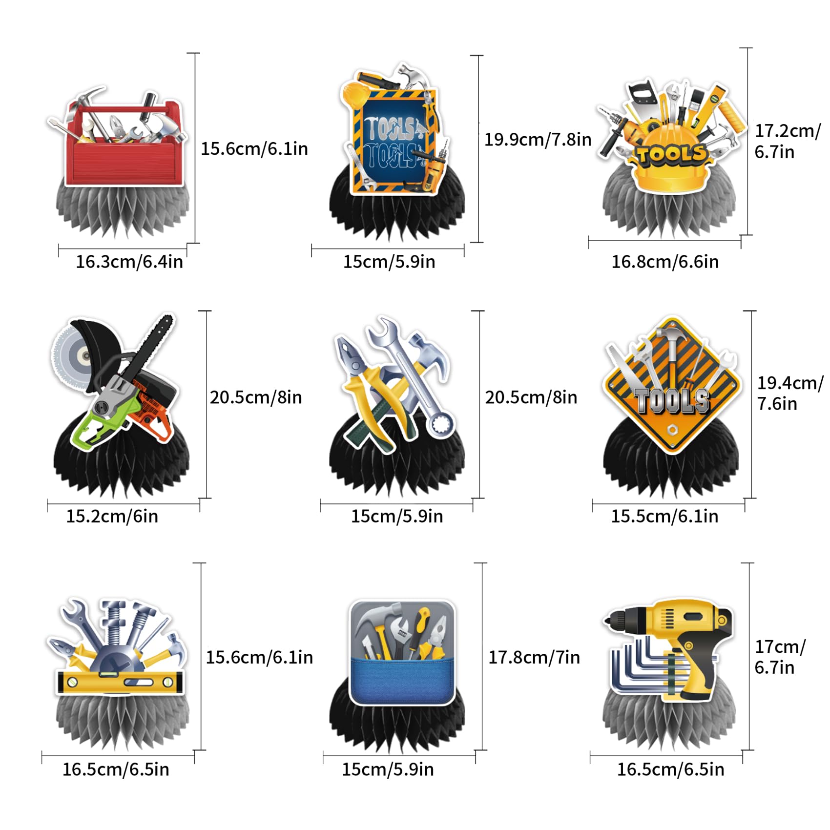 9 PCS Tools Honeycomb Centerpieces Tools Table Decorations Table Topper for Tools Party Decorations Birthday Party Supplies