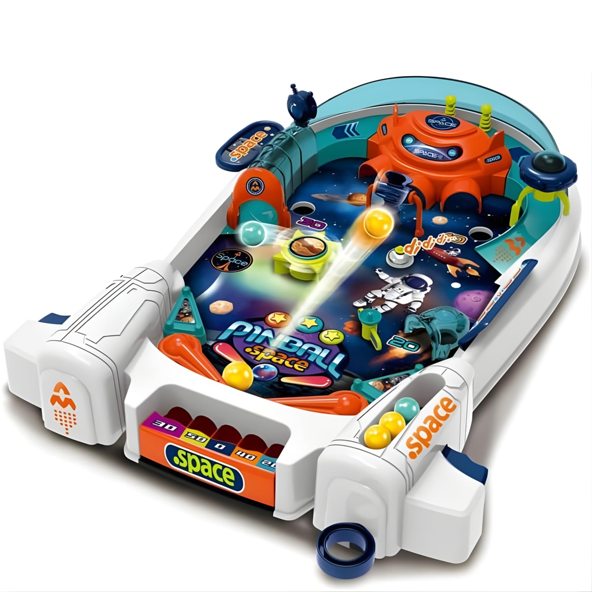 OLEOCA Space Pinball Machine - Tabletop Arcade Game with Obstacles, Pull-Rod Launcher, Flippers, UFO Targets & Astronaut Theme, 1-2 Player Mini