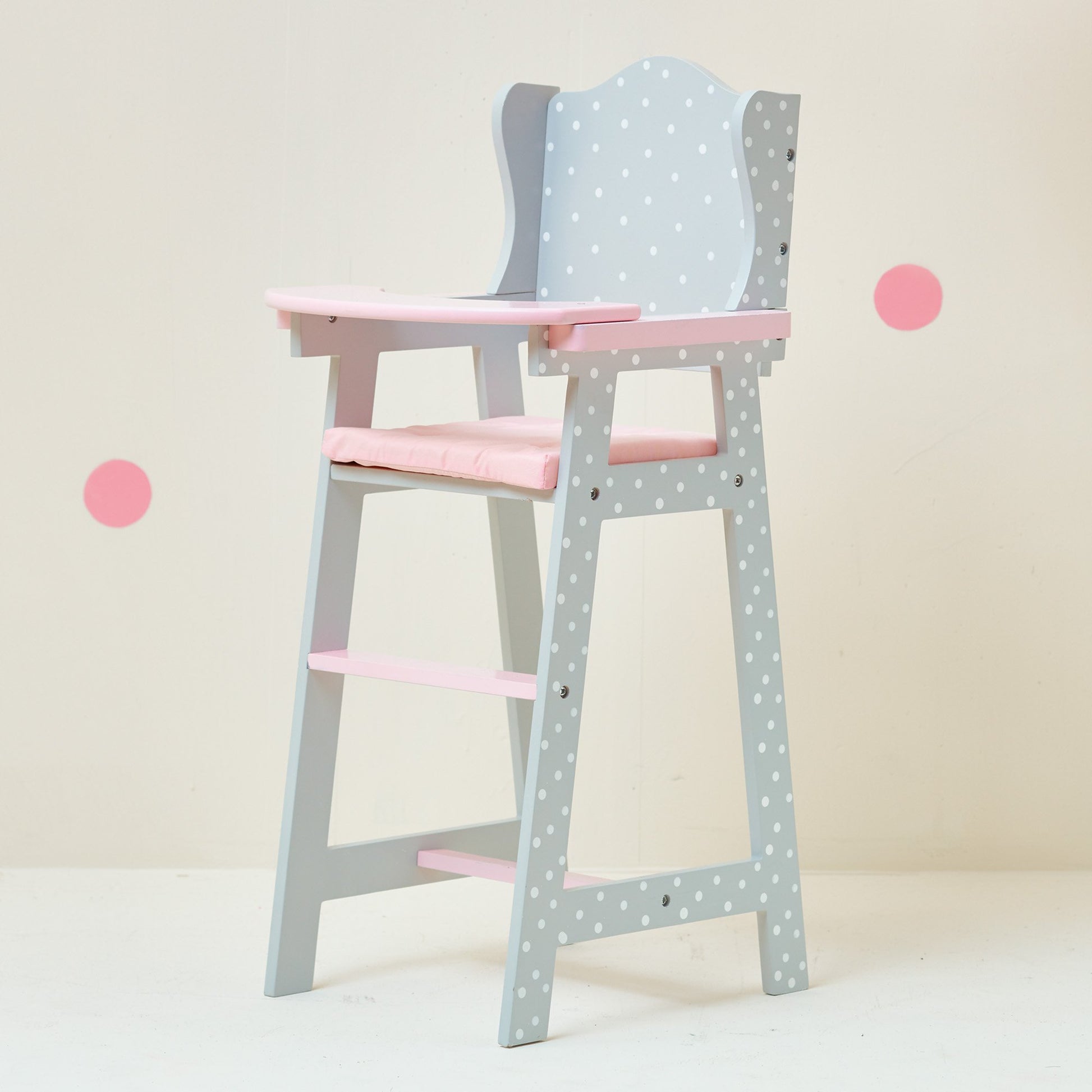 Olivia's Little World Doll High Chair for Baby Dolls, Wooden Doll Play Furniture with Pastel Polka Dot Princess Print & Fabric Seat for 16" to 18"