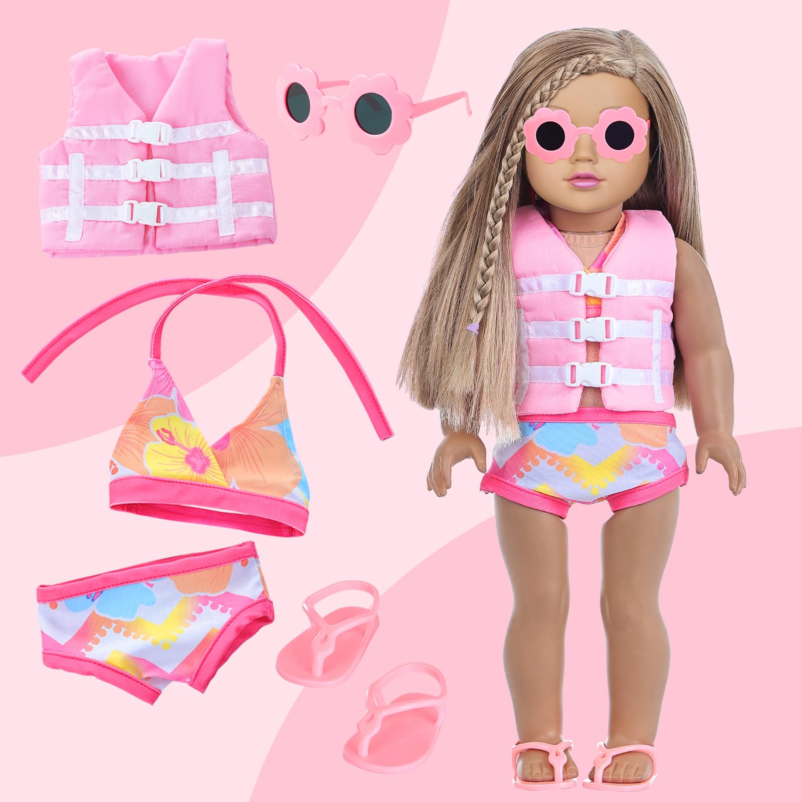 18 Inch Girl Doll Clothes and Accessories Swimming Poor Play Set Fit 18 inch Girl Dolls ,Including Swimwear Shoes Sunglasses Swimming Ring Towel etc.
