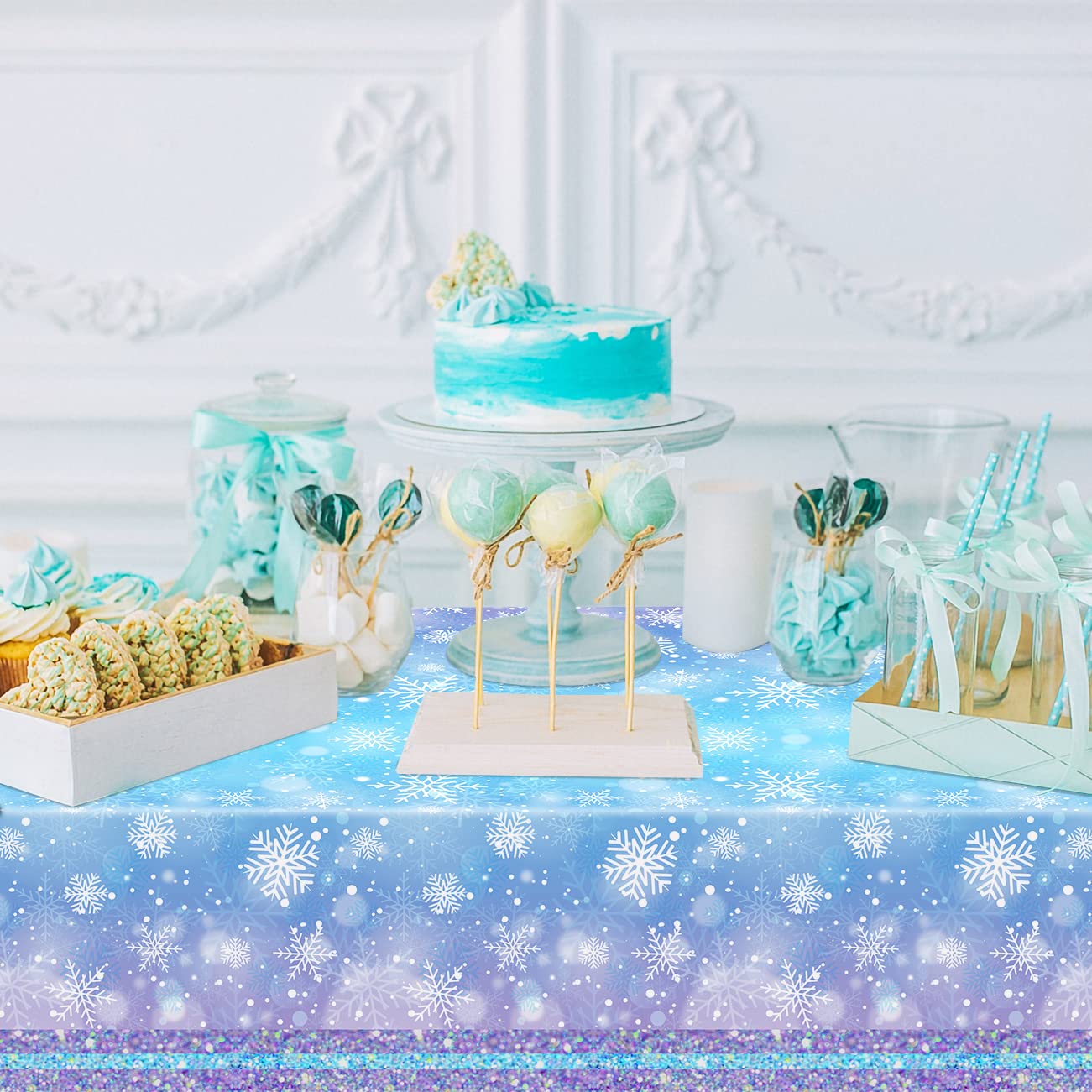 Zhynice Winter Snowflake Plastic Tablecloth Decorations Blue and Purple Snowflake Disposable Plastic Rectangle Table Cover Winter Wonderland
