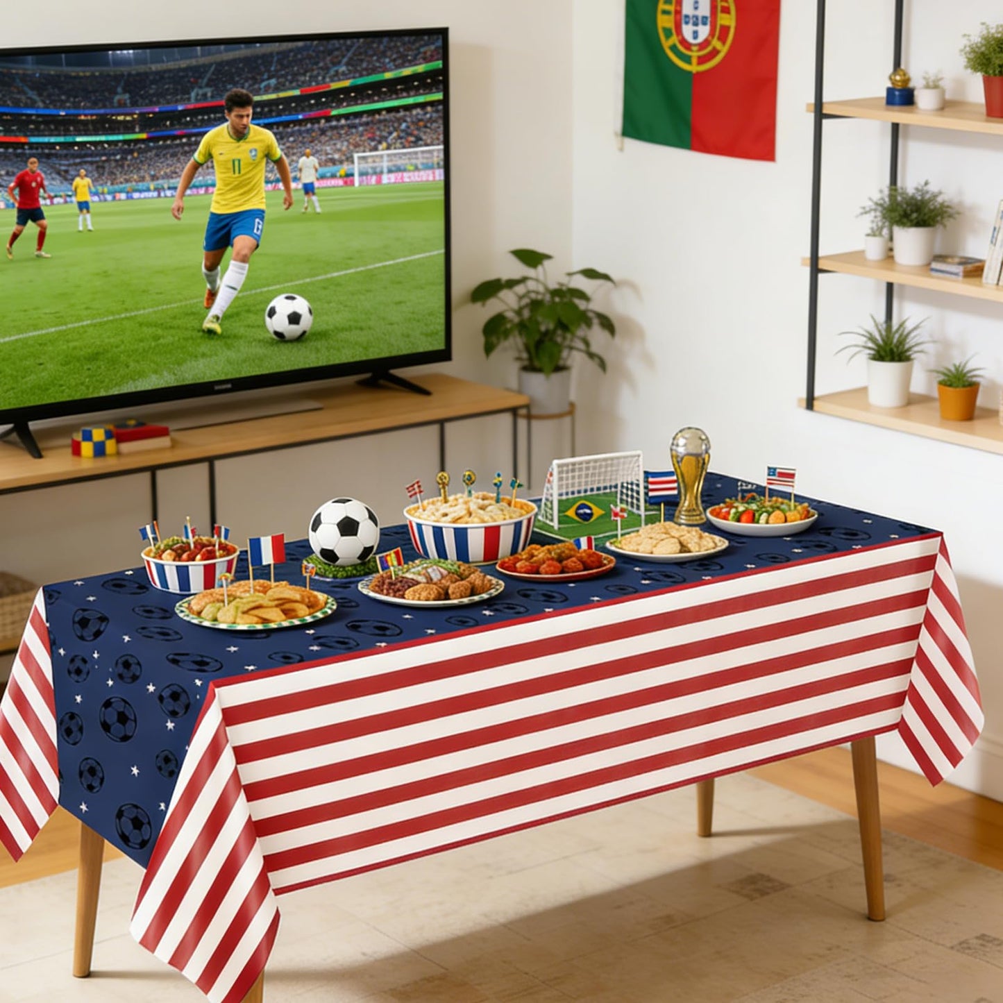 Bzhouyy Soccer Party Tablecloth 3 Pack, 54 x 108 Inch American Flag Themed Disposable Plastic Table Covers, Waterproof Spill Proof Tablecloths