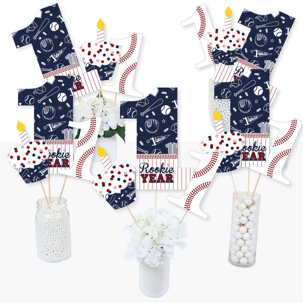 Big Dot of Happiness 1st Birthday Batter Up - Baseball - First Birthday Party Centerpiece Sticks - Table Toppers - Set of 15
