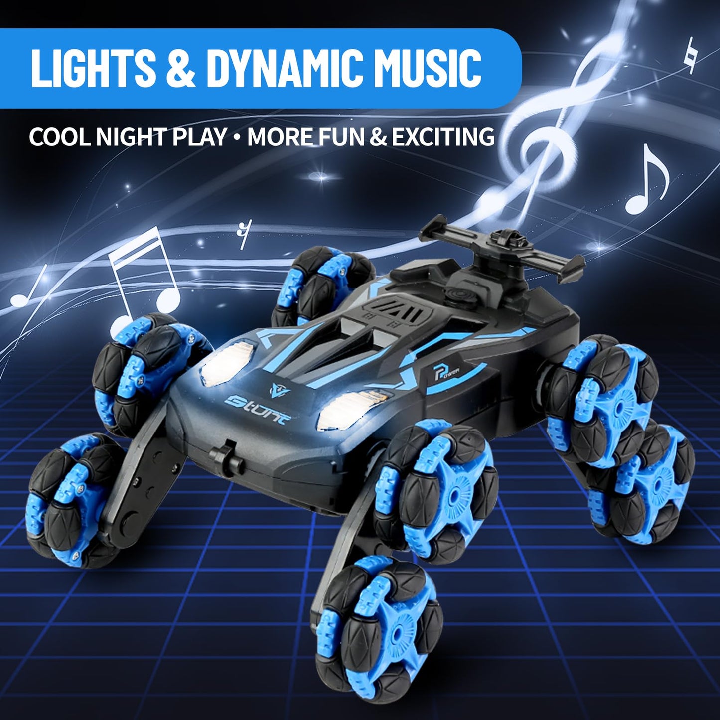 MOMONOVA 8WD Remote Control Stunt Car with Music Light Mist Spray, RC Drift Car Toys for Kids 6+, 2.4GHz Remote, Double Sided Driving, 360° Spins