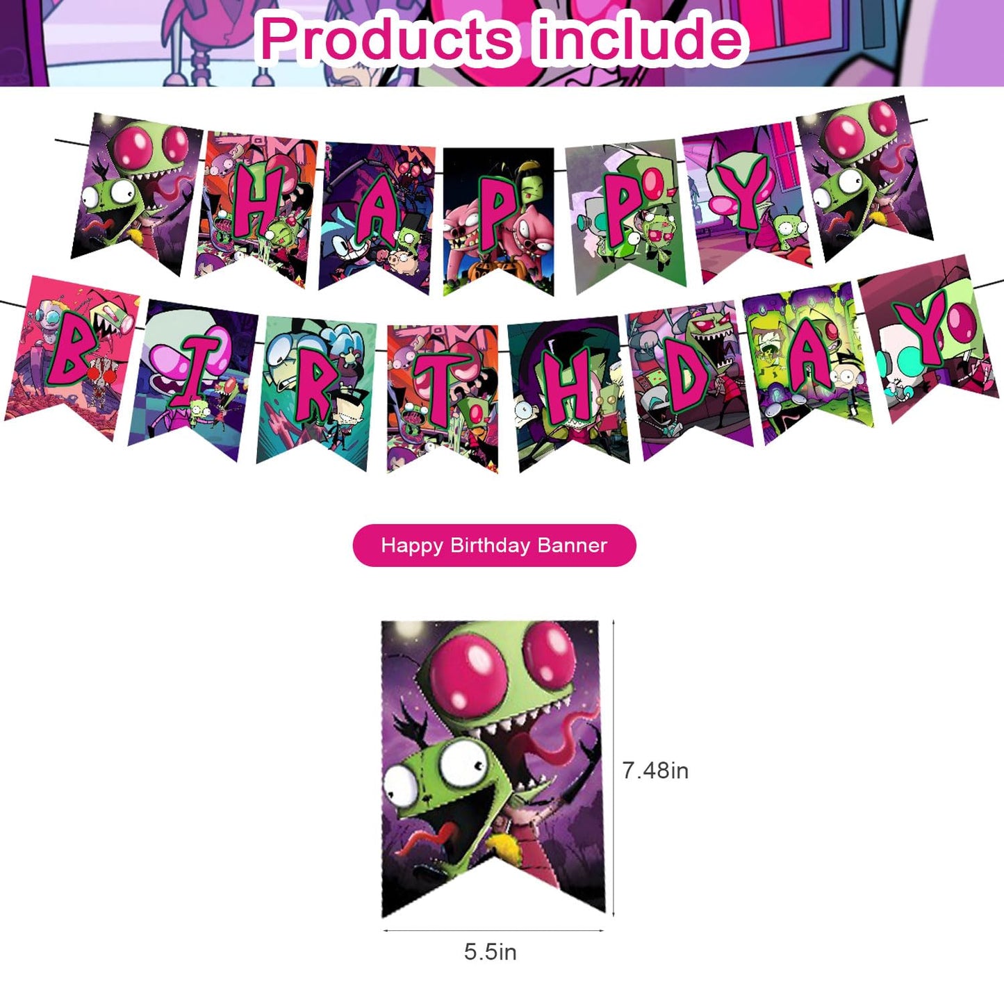 Invader Zim Party Decorations,Invader Zim Birthday Party Supplies Includes Banner - Cake Topper - 24 Cupcake Toppers - 18 Balloons