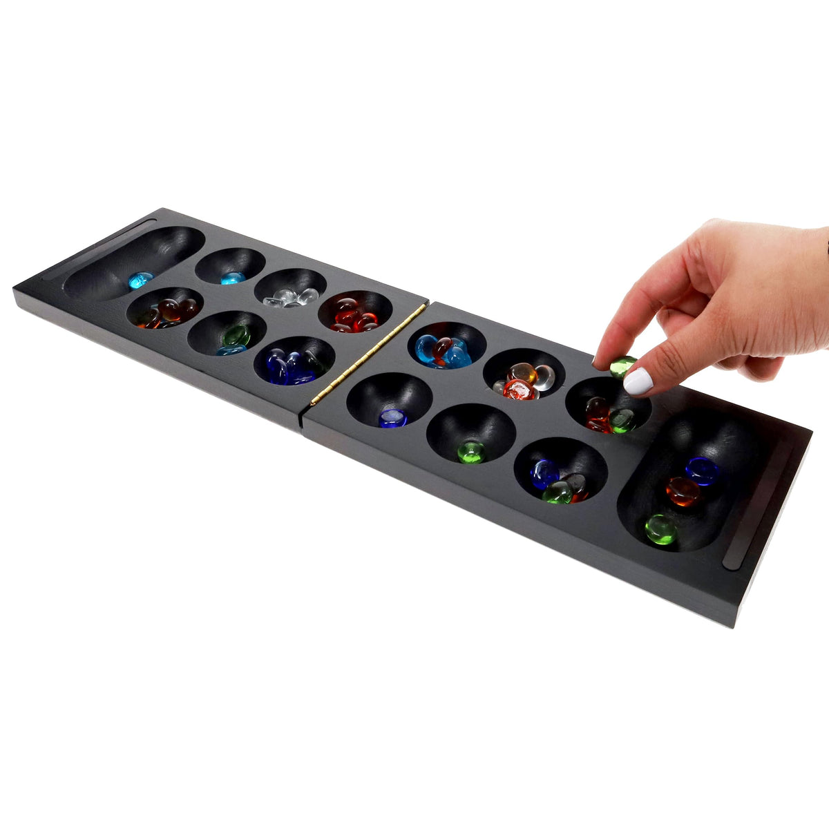 WE Games Foldable Wood Mancala Board Game- Dark Stain