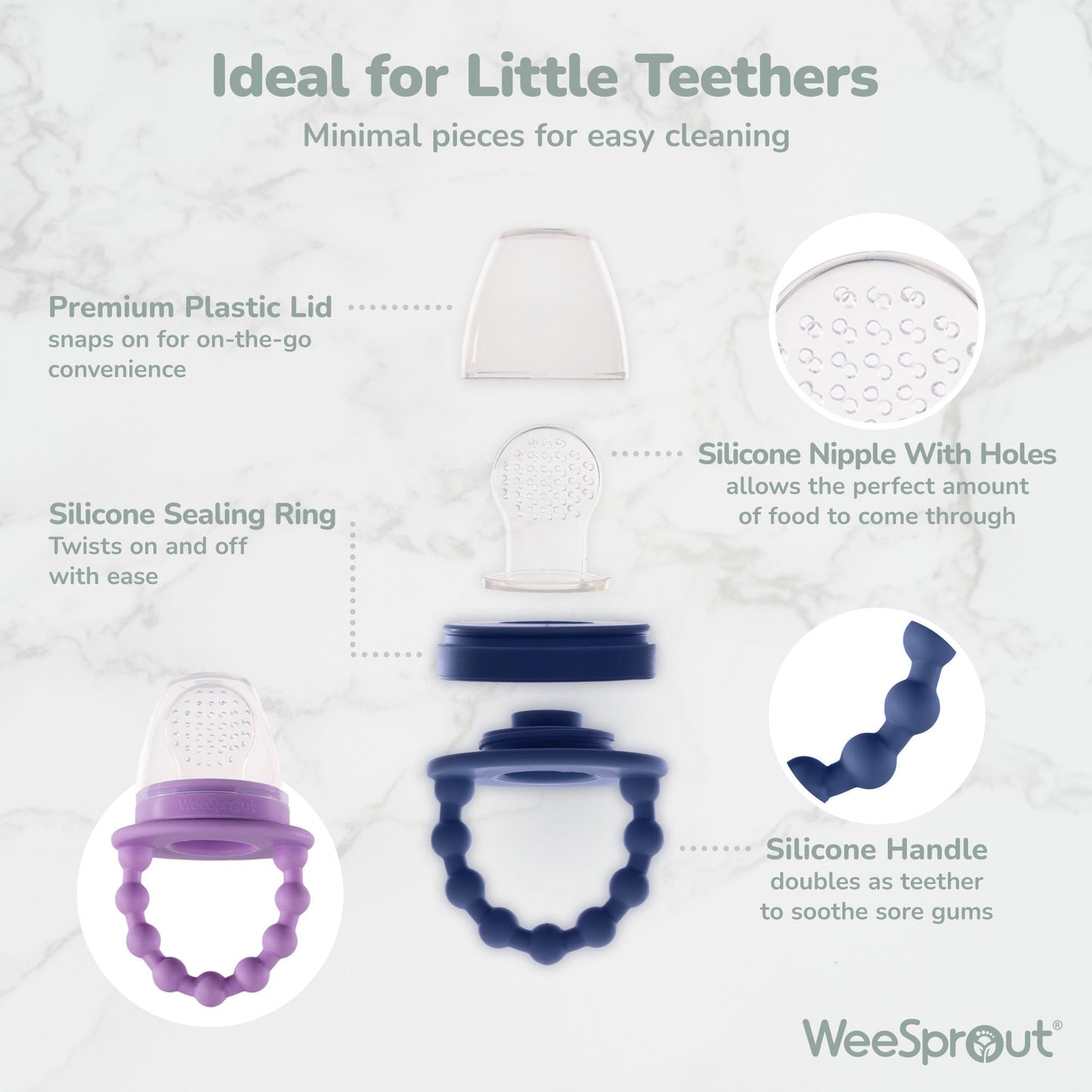 WeeSprout Baby Food Feeder Set - 2 Silicone Feeders & Reusable Freezer Tray with Lid - BPA-Free Fresh Fruit & Veggie Pacifier for Babies & Toddlers