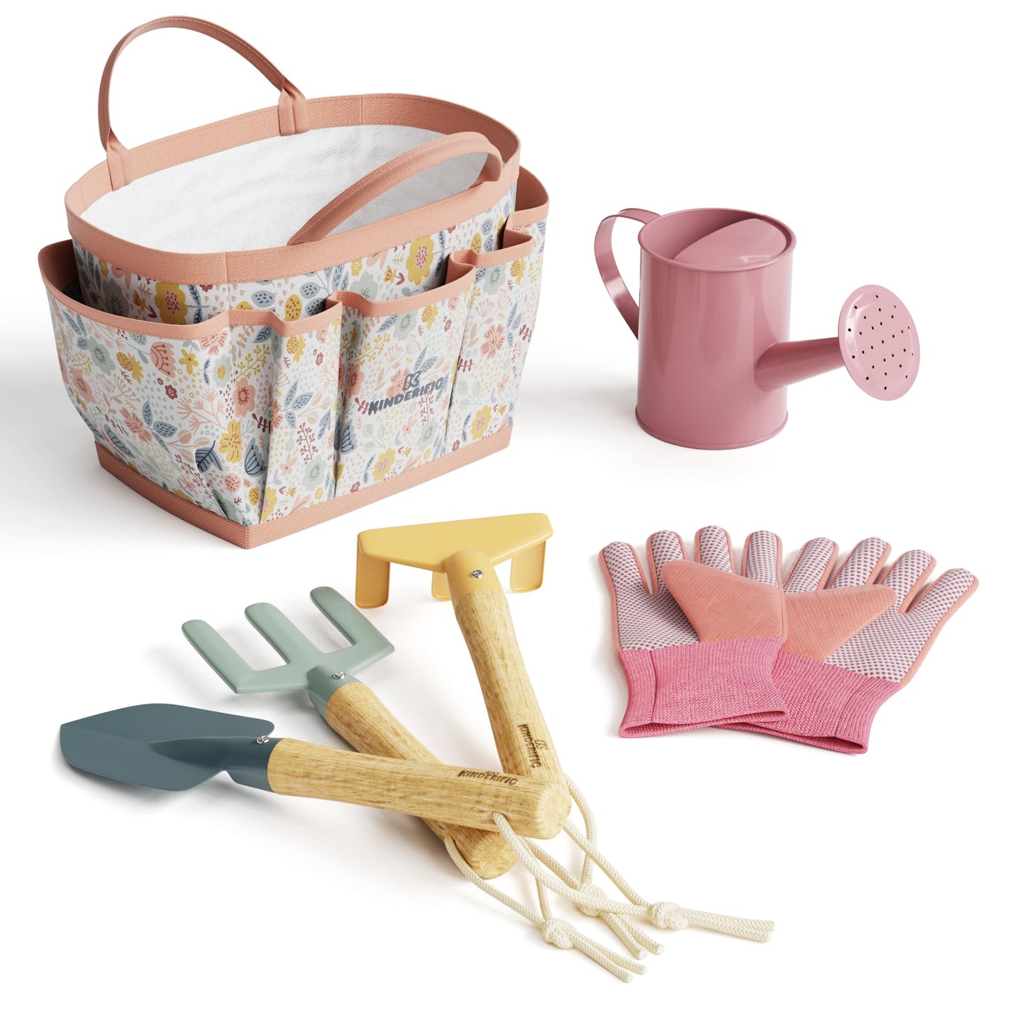 Gardening Set, Tool Kit, for Kids, STEM, Includes Tote Bag, Spade, Watering Can, Rake, Fork, Trowel and Gloves (Petal)