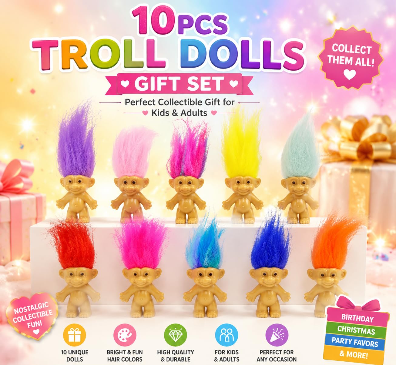 Yintlilocn 10pcs 1.2" Mini troll Dolls, Assorted Hair Colors Lucky trolls