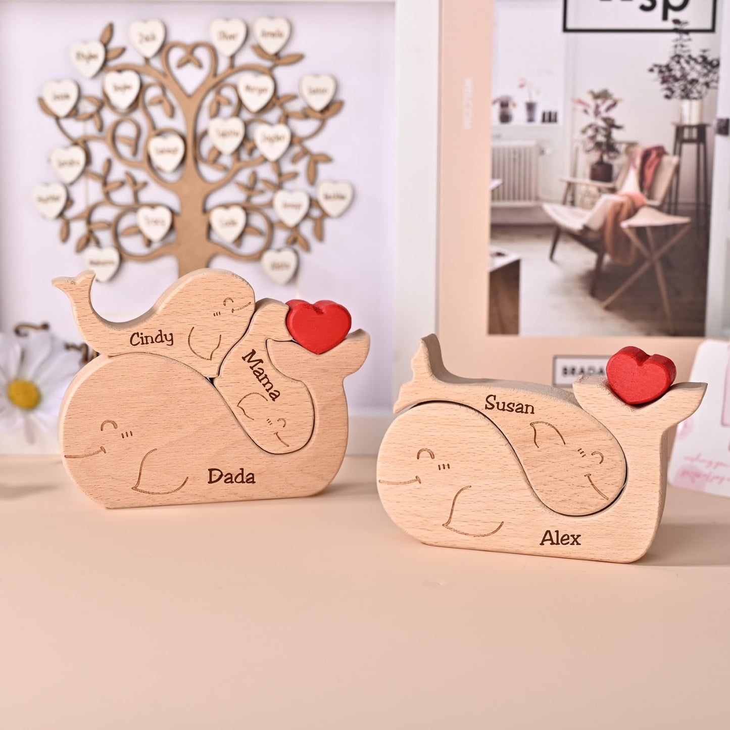 Custom Wooden Whale Family Puzzle with Personalized Names Special Single Parent Design Thoughtful Decorative Gift for Mom or Dad Ideal for Mother’s