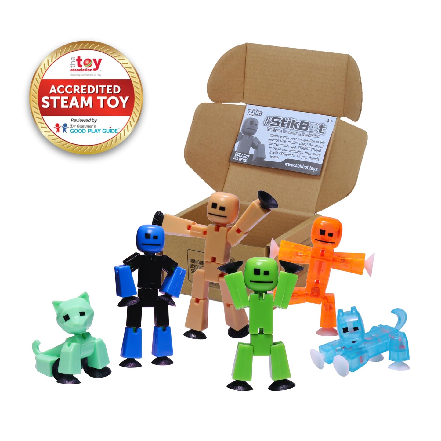 Zing Stikbot Family Pack, Set of 6 Stikbot Collectable Action Figures, Includes 2 Stikbots, 2 Junior Stikbots, 1 Dog, and 1 Cat, Stop Motion Animation