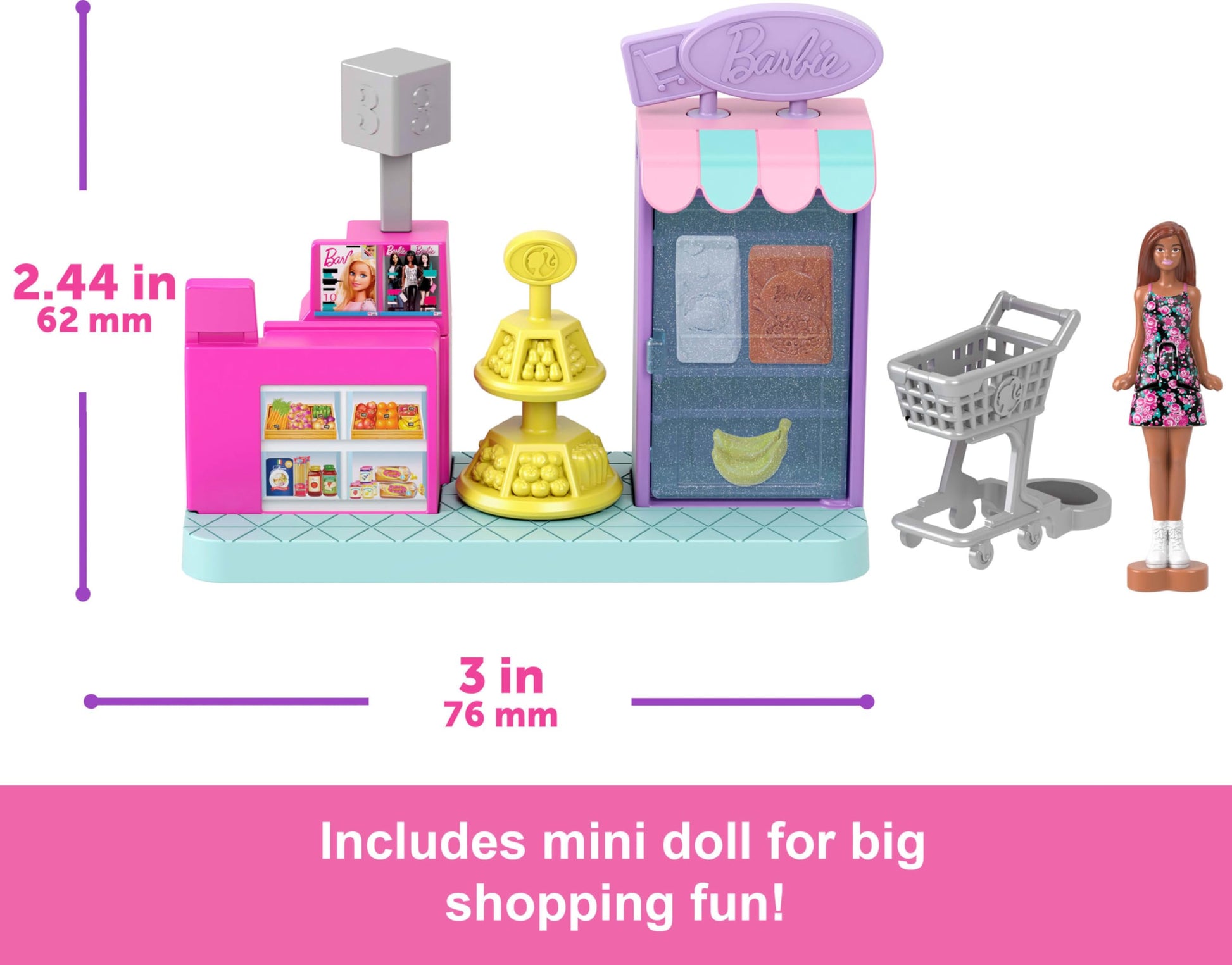 Barbie Mini BarbieLand Collectible Supermarket Playset with 1.5-Inch Doll, Product Shelves, Check Stand & Shopping Cart for Storytelling Play