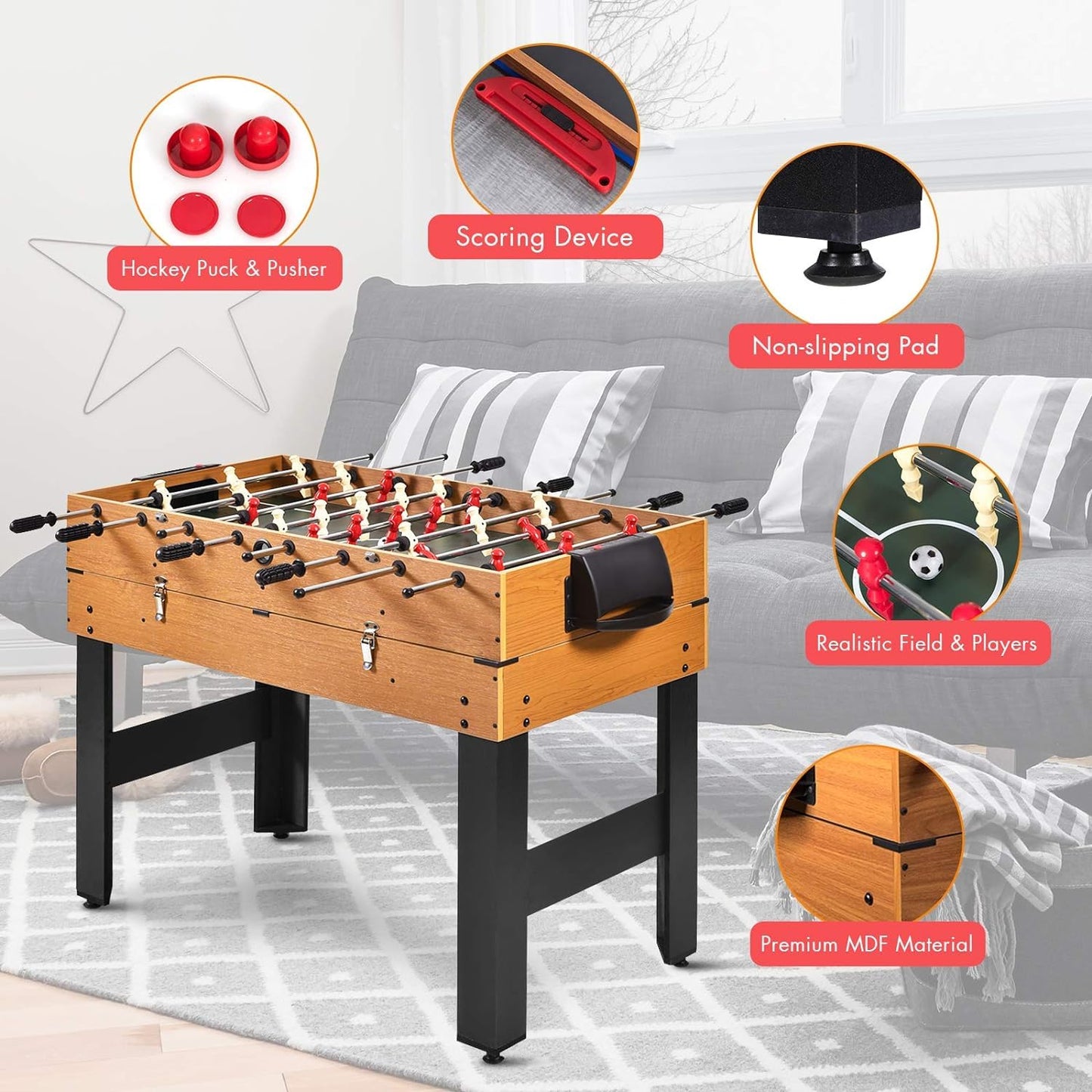 HOMGX 48" 3-in-1 Game Table, Wooden Game Table w/Football, Hockey, and Billiards, Game Size Combination Game Table for Parties, Family Nights,