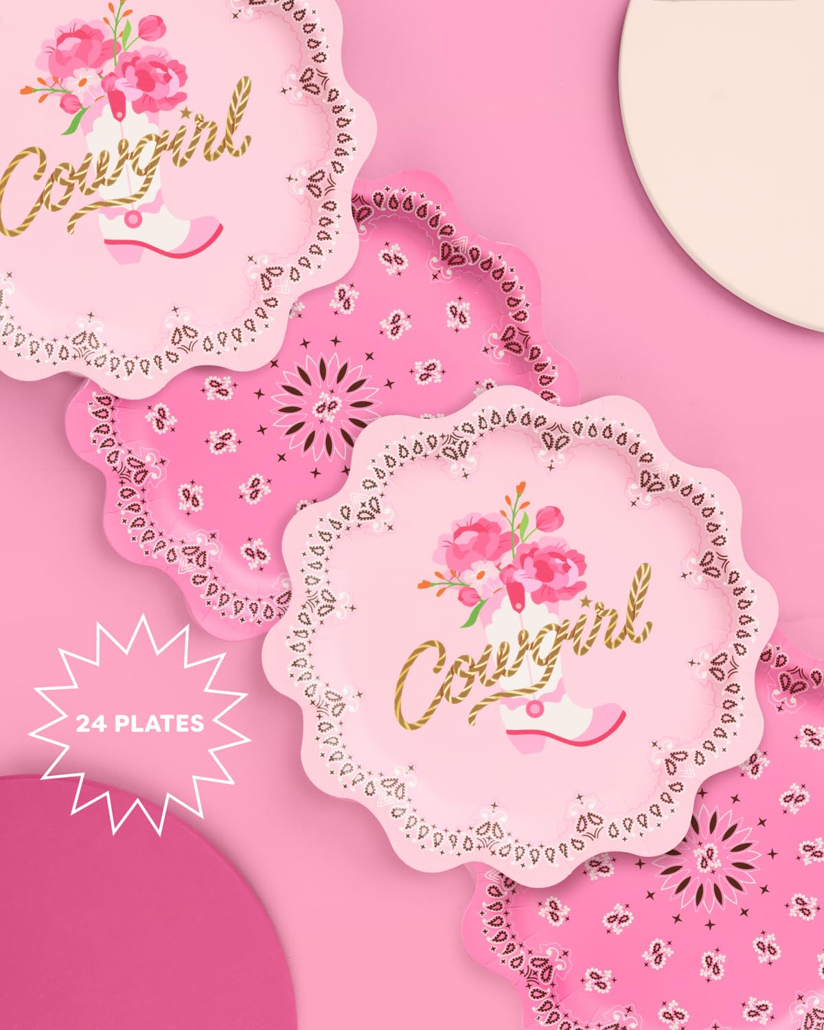 xo, Fetti Cowgirl Plates - 24 Paper Plates, 9" | Western Party, Cowgirl Theme, Bandana Birthday, Rodeo Bachelorette, Cowboy Decor, Pink, Gold Foil