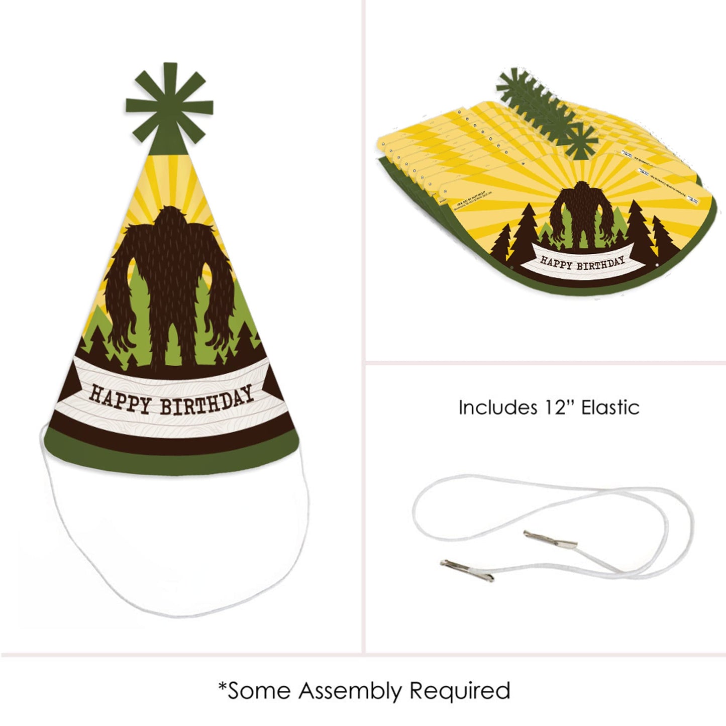 Big Dot of Happiness Sasquatch Crossing - Cone Happy Birthday Party Hats for Kids and Adults - Set of 8 (Standard Size)