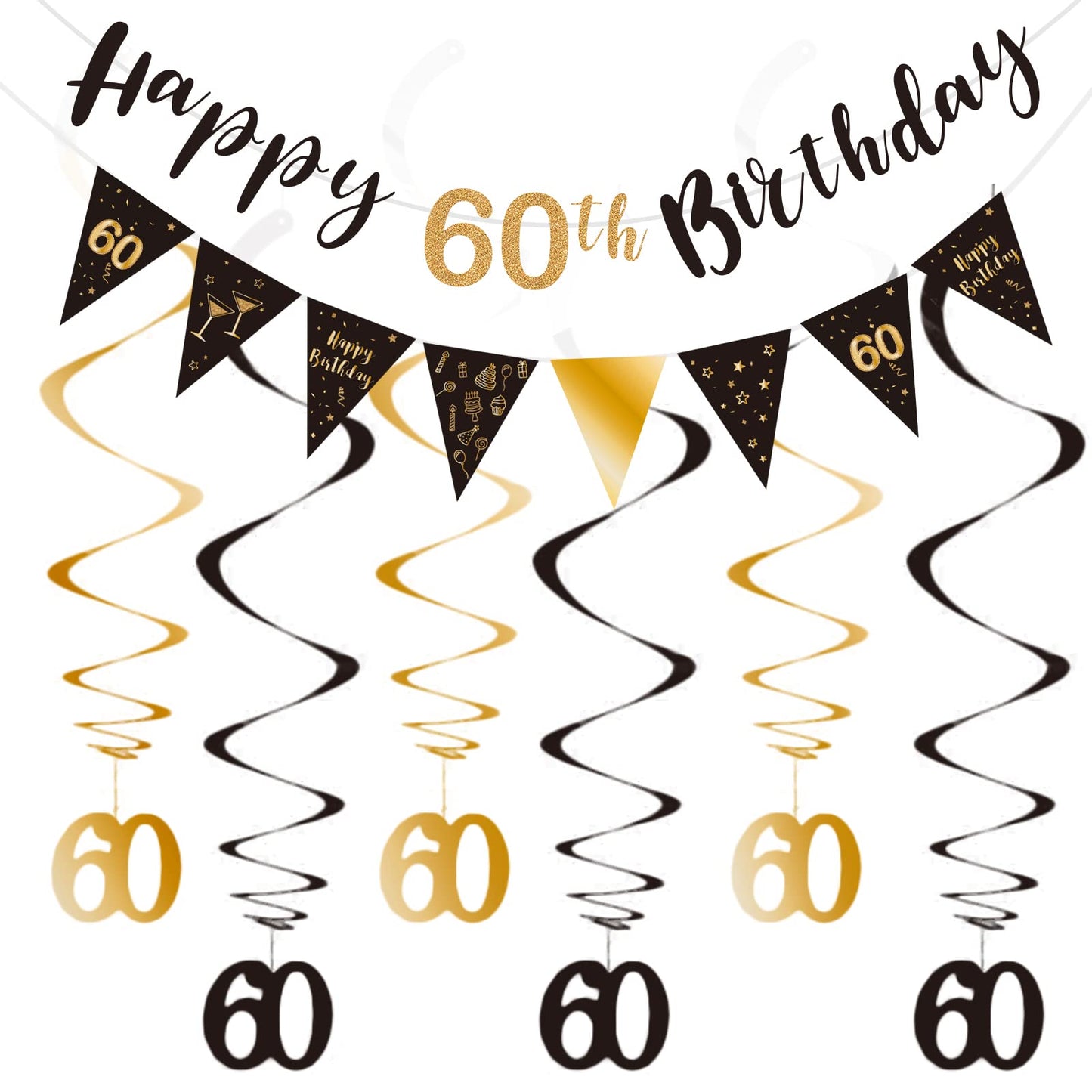 60th Birthday Decoration Kit, Happy 60th Birthday Banner Bunting Swirls Streamers, Triangle Flag Banner for Birthday Party Decorations Supplies Black