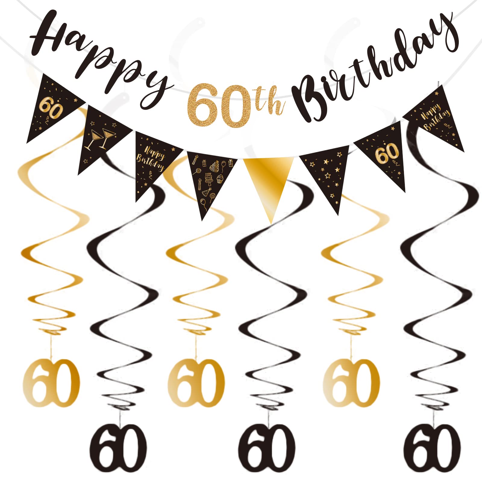 60th Birthday Decoration Kit, Happy 60th Birthday Banner Bunting Swirls Streamers, Triangle Flag Banner for Birthday Party Decorations Supplies Black