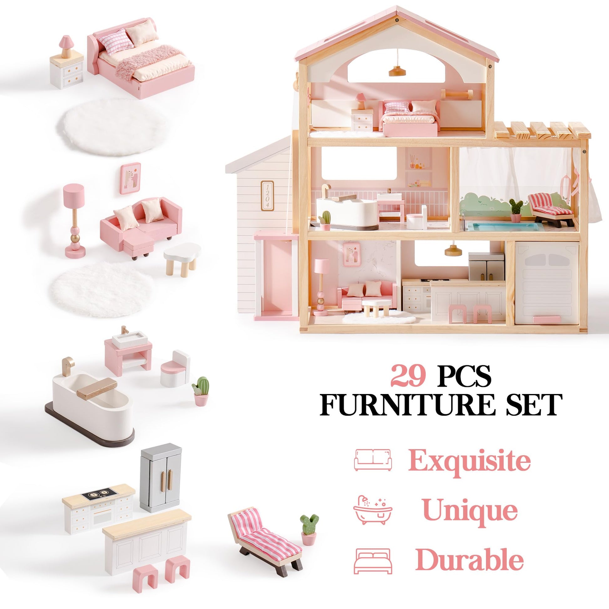 ROBOTIME Wooden Dollhouse, Doll House with 29 Pieces Furniture Set - Pool and Elevator, Wooden Doll House for 4, 5, 6-Inch Dolls, 6 Rooms Pink