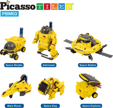 PicassoTiles STEM Kids Solar Powered Space Robot Educational Learning Engineering Building Toy 6-in-1 Creative Unique Transformation Renewable Sun