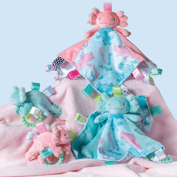 Taggies Stuffed Animal Lovey Security Blanket with Sensory Tags, 13 x 13-Inches, Fizzy Aqua Axolotl